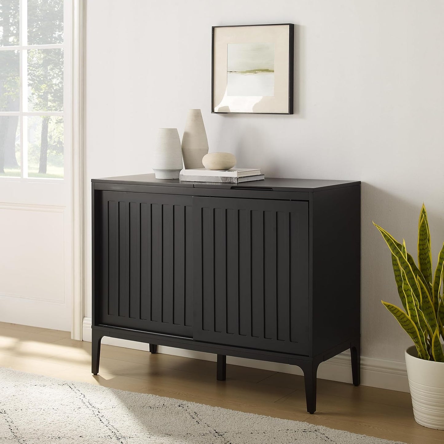 Crosley Furniture Asher Media Console and Record Player Stand with Storage for Vinyl Records, Matte Black