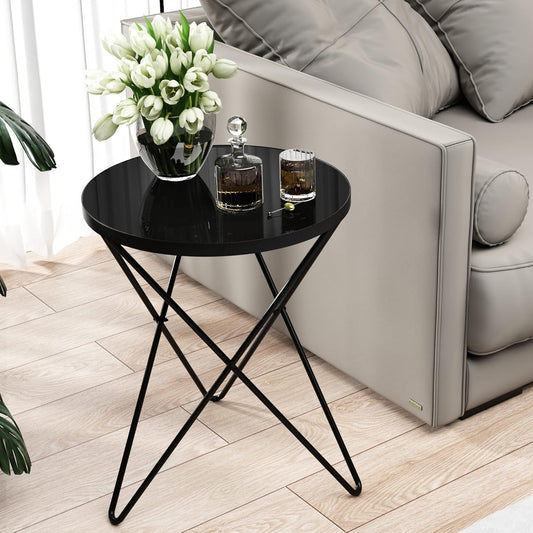 HLR Modern Round Side Table, End Table with Marble Effect Top and Gold Metal Frame, Small Side Table for Living Room, Bedroom, Sofa and Couch, Black Legs, Black Glass top