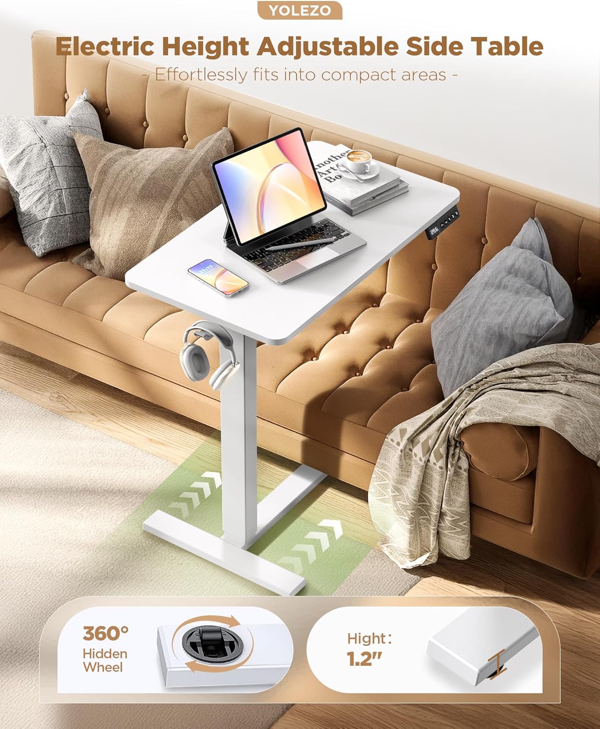 Electric Adjustable Height Standing Desk - Small Sit Stand Portable Rolling Laptop Table with Hidden Wheels, Small Computer Workstation for Bedside & Home Office Use (24"x16", White)