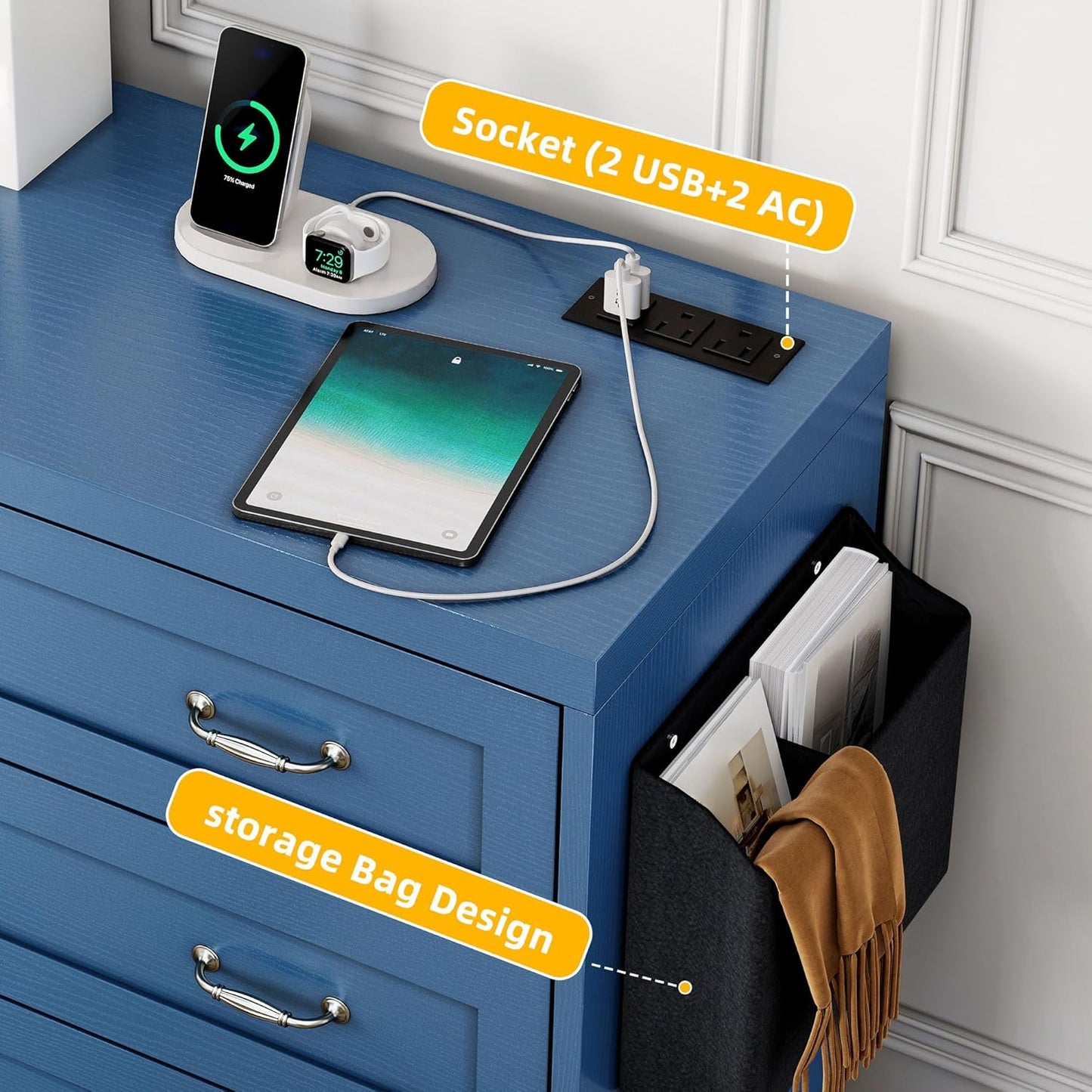 YITAHOME Drawers TV Stand for 65 inches with Power Outlets -Chest of Drawers Dresser with Side Organizer Bag Entertainment Center TV Console, Blue