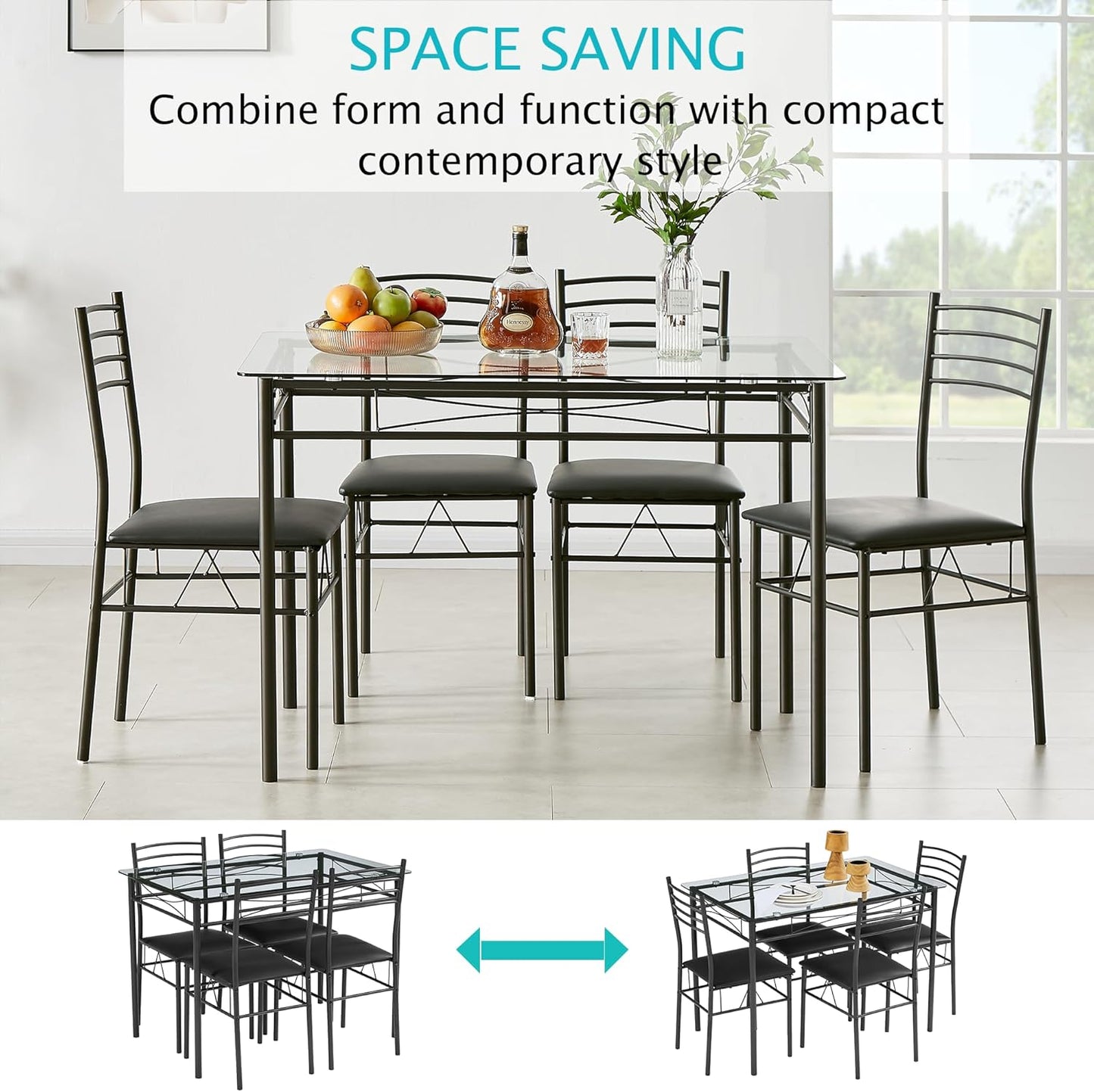 VECELO 5-Piece Kitchen Dining Table Set, Glasses Tabletop & Heavy-Duty Metel Frame, Rectangle Dinette with 4 Chairs for Small Space, Breakfast Nook, Glasses & Black