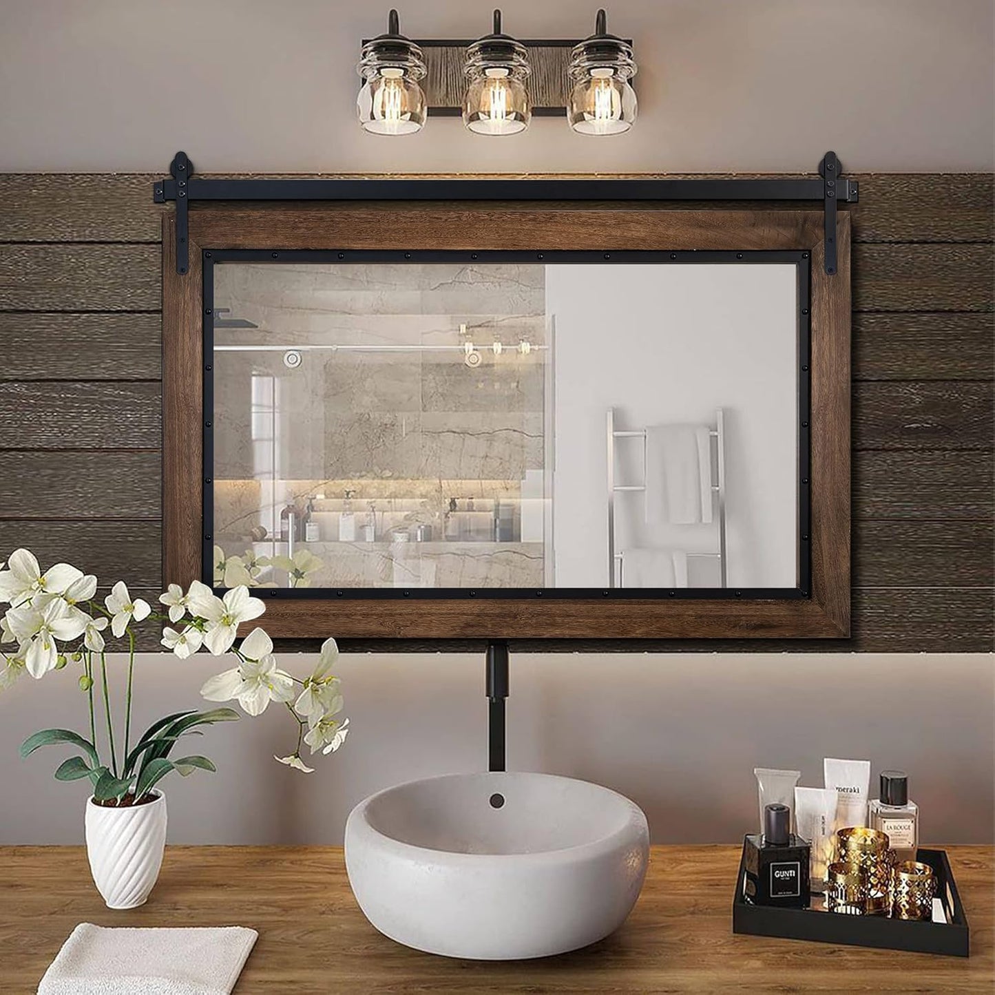 YOSHOOT Farmhouse Barn Door Mirror, 48"x30" Rustic Bathroom Mirror, Wood Frame Wall Mirror, Wooden Mirror for Living Room Bedroom Entryway Wall Décor, Horizontal Hanging ONLY