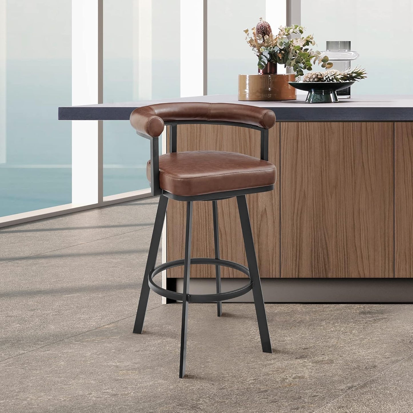 Armen Living Magnolia Swivel Counter Stool in Black Metal with Brown Faux Leather