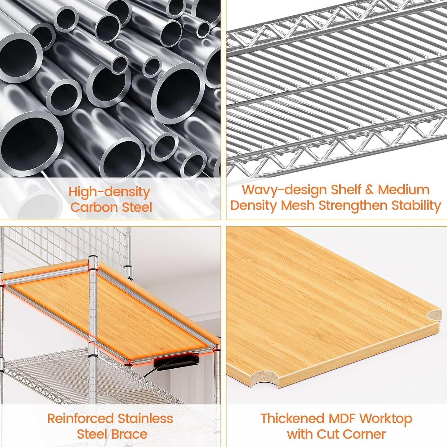 Leteuke Bakers Rack with Power Outlet & Storage, 36 Inch Microwave Stand Kitchen Cart, 4-Tier Metal Kitchen Shelves Cart with Wheels & 20 S-Hooks for Kitchen, NSF Certified, 63 x 18 x 36 Inch-Chrome