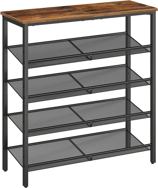 HOOBRO Shoe Rack for Entryway, 5-Tier Shoe Organizer with Adjustable Mesh Shelves, 16-20 Pairs of Shoes, Spacious Floor Mount, Metal, Industrial, Shoe Shelf for Closet, Rustic Brown BF12XJ01