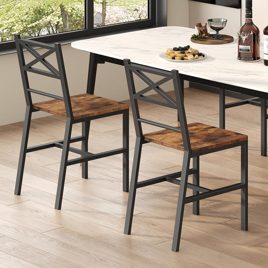 Dining Chair Set of 2, Rustic Wooden Kitchen Chairs with Backrest, Farmhouse Dining Chairs for Kitchen, Industrial Style Chair with Metal Frame, Easy Assembly, Rustic Brown TBHR1001