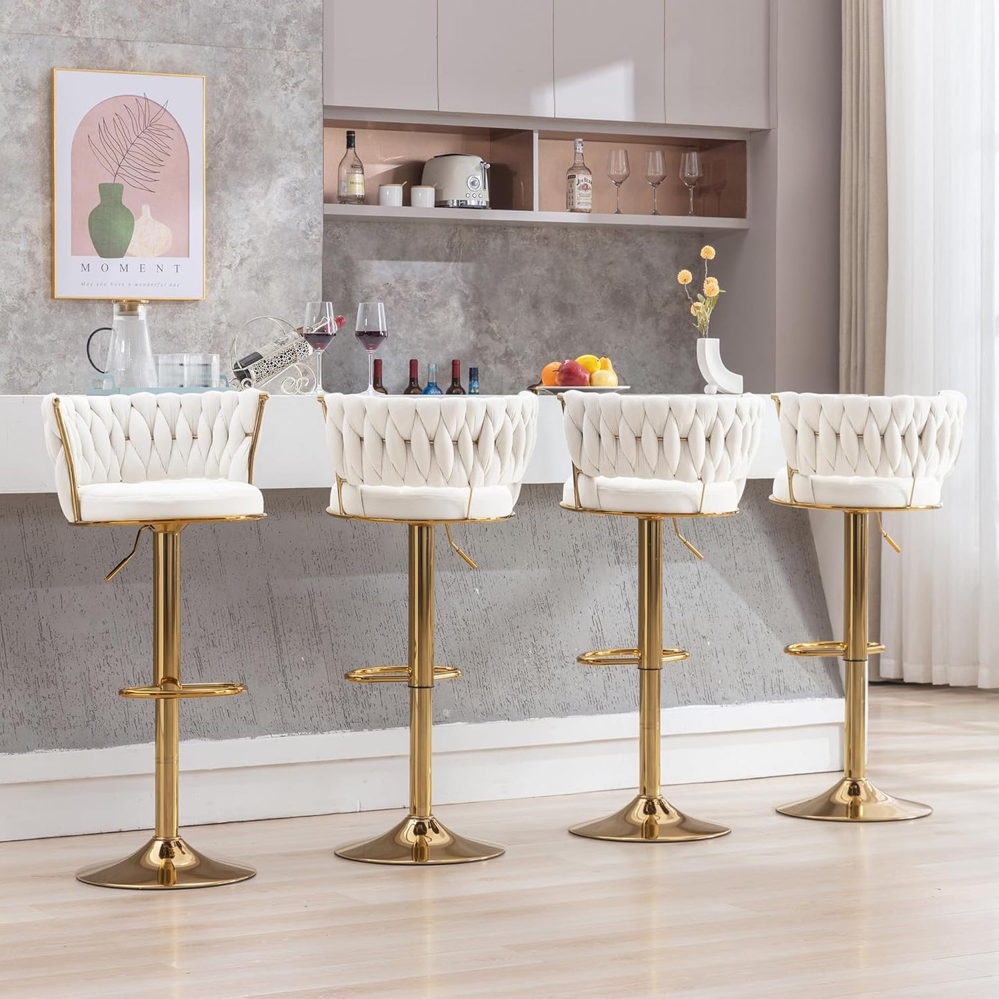VECELO Bar Stools Set of 4, Modern Luxury Velvet Woven Counter Height Stools with Back and Arm, Gold Metal Leg & Base, 360 Swivel Bar Chair for Pubs Dining Room, White