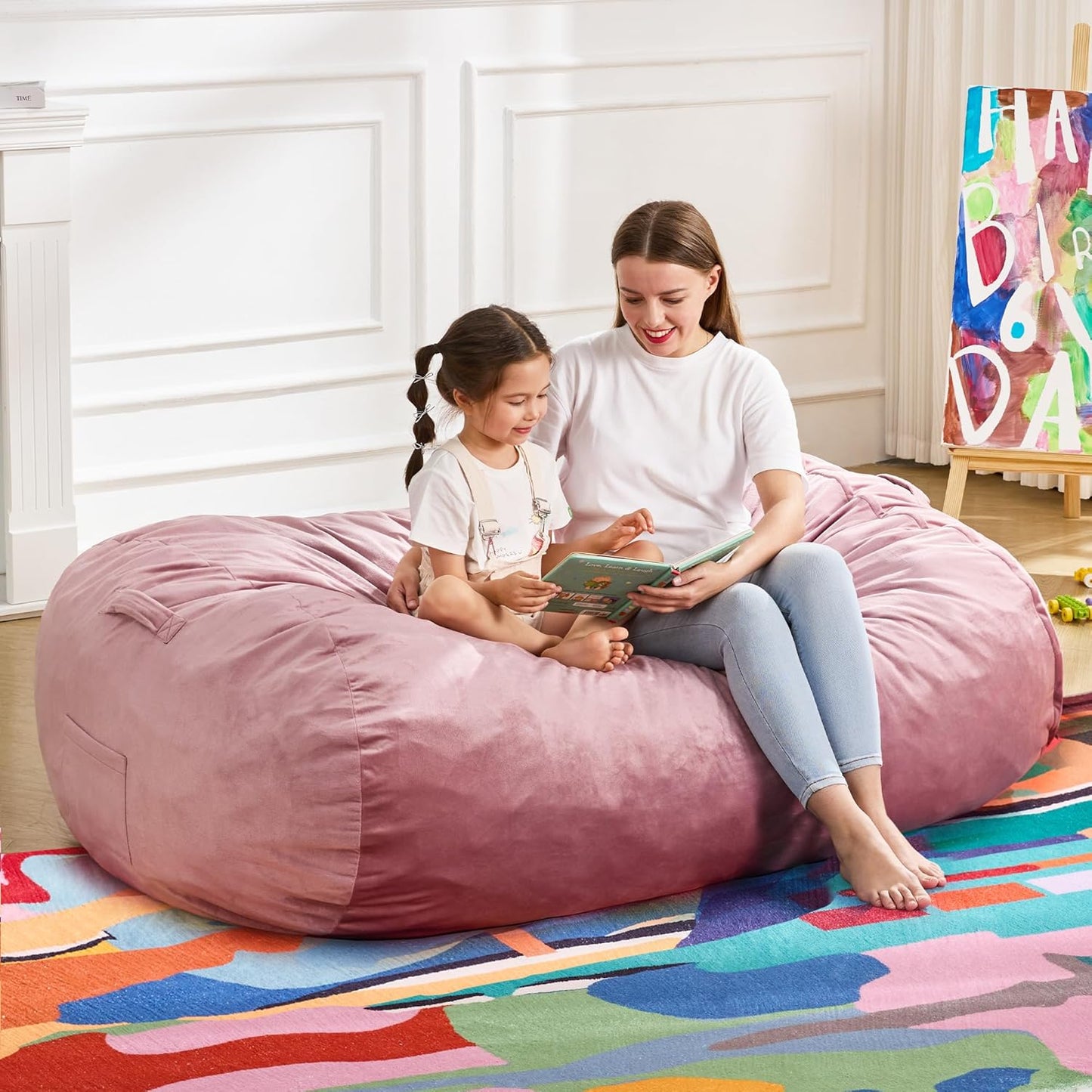 Hobestluk 4FT Bean Bag Chair Large Beanbag with Removable Cover Adult Bean Bag Chair with Portable Handle Desgin for Living Room Bedroom (Pink, 4FT)