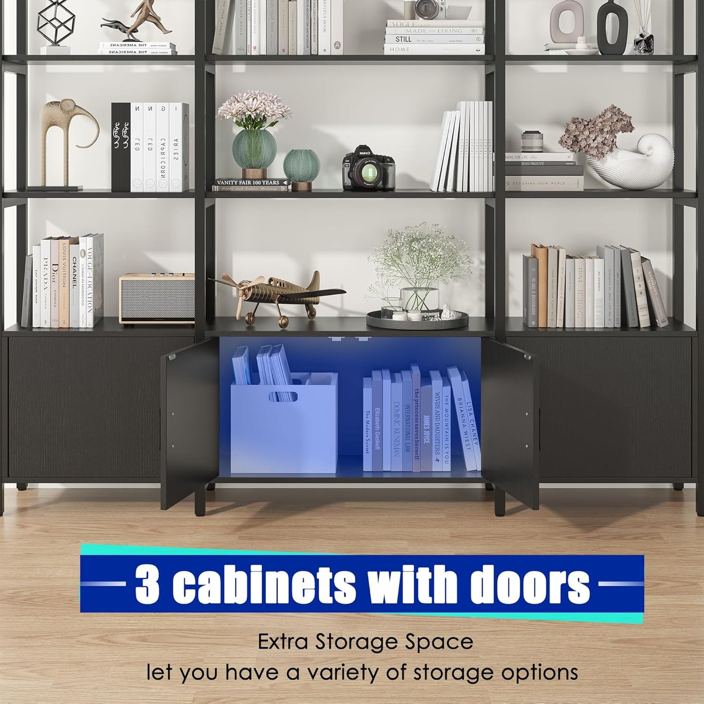 Triple Wide 5 Tier Tall Arched Bookshelf and Bookcase with 3 Cabinets, Industrial Metal Etagere Open Bookshelf, Wood Standing Book Shelf with Black Metal Frame for Bedroom Living Room