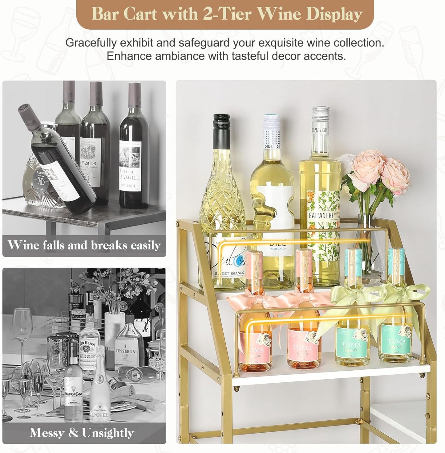 VINAEMO Gold Bar Cart With Wine Glass Holder, Stand for Home, Small Mini Bar for Whiskey Wine, Liquor Cart, Alcohol Cabinet for Kitchen, Dining Room