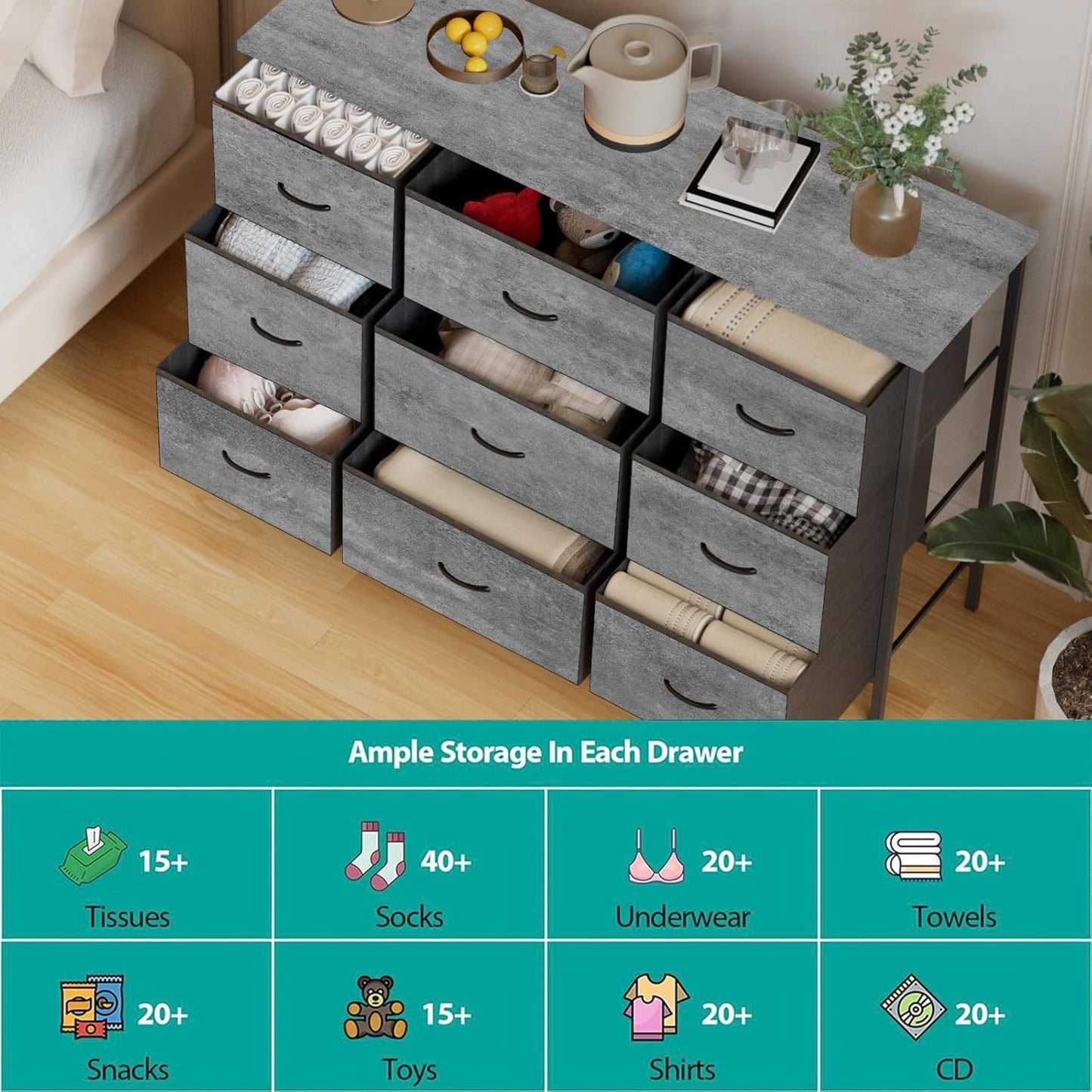 Dresser for Bedroom with 9 Deep Drawers, Wide TV Stand Modern TV Console, Fabric Storage Cabinet, Chest of Drawers for Closet, Nursery (Gray)