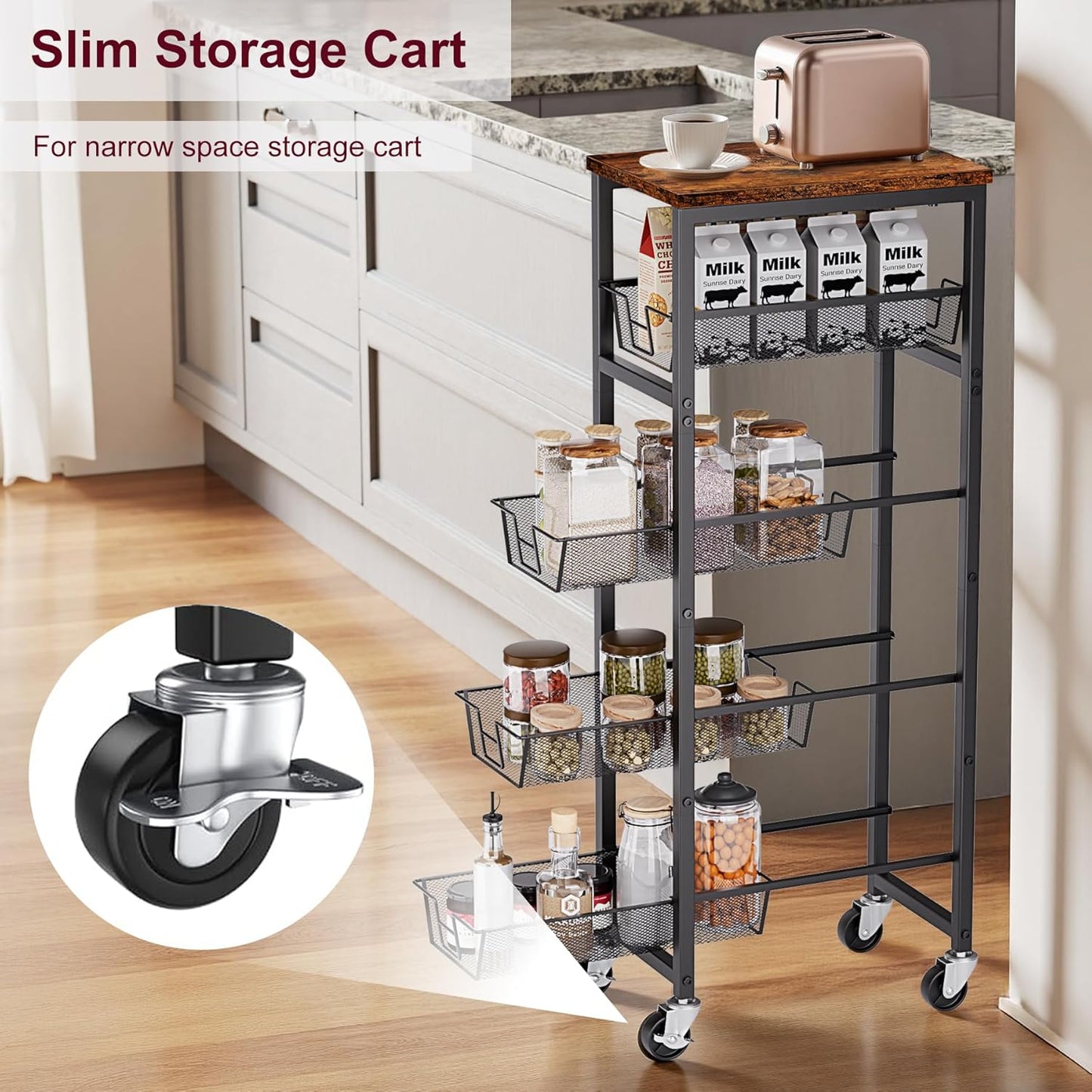 Slim Rolling Cart, 4-Tier Storage Cart, 9.1inch Narrow Kitchen Rolling Cart on Wheels for Small Space, Utility Cart Shelving Unit with Wooden Top and Metal Handle for Kitchen, Bathroom, Laundry Room