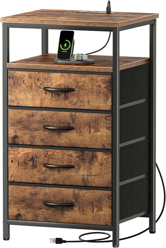 Huuger Night Stand with Charging Station, 4 Drawer Dresser for Bedroom, Bedside Table, 33.9 Inch Tall Nightstand with Open Shelf, End Table, for Closet, Entryway, Bedroom, Rustic Brown