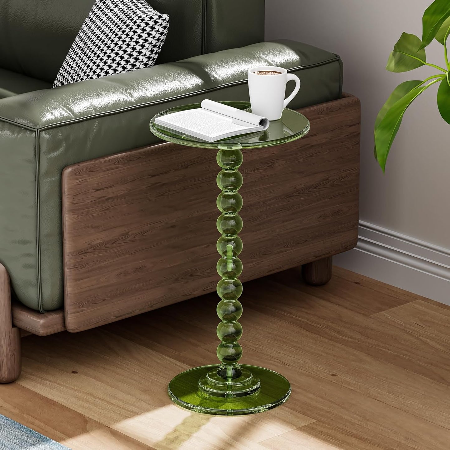 Acrylic Side Table, End Table Round Top with Solid Post for Living Room, Bedroom, Balcony, Easy Assembly (Pedestal, Green)