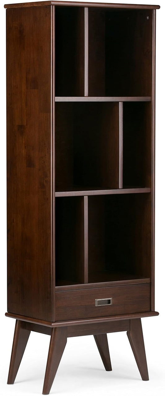 SIMPLIHOME Draper Bookcase - 64 inch Tall Solid Hardwood Storage Bookshelf in Medium Auburn Brown, Mid-Century Modern Storage for Living Room, Study or Office with Adjustable Shelves and Angled Legs