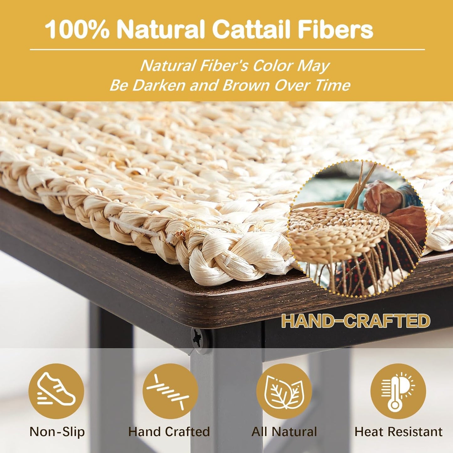 VECELO 43.3" Dining Table Sets, Farmhouse Small Kitchen Table for 4 with 3 Benches Wicker Mats,Metal Frame Space-Saving Adjustable Feets Coffee Table for Home Kitchen Dining, Dark Brown