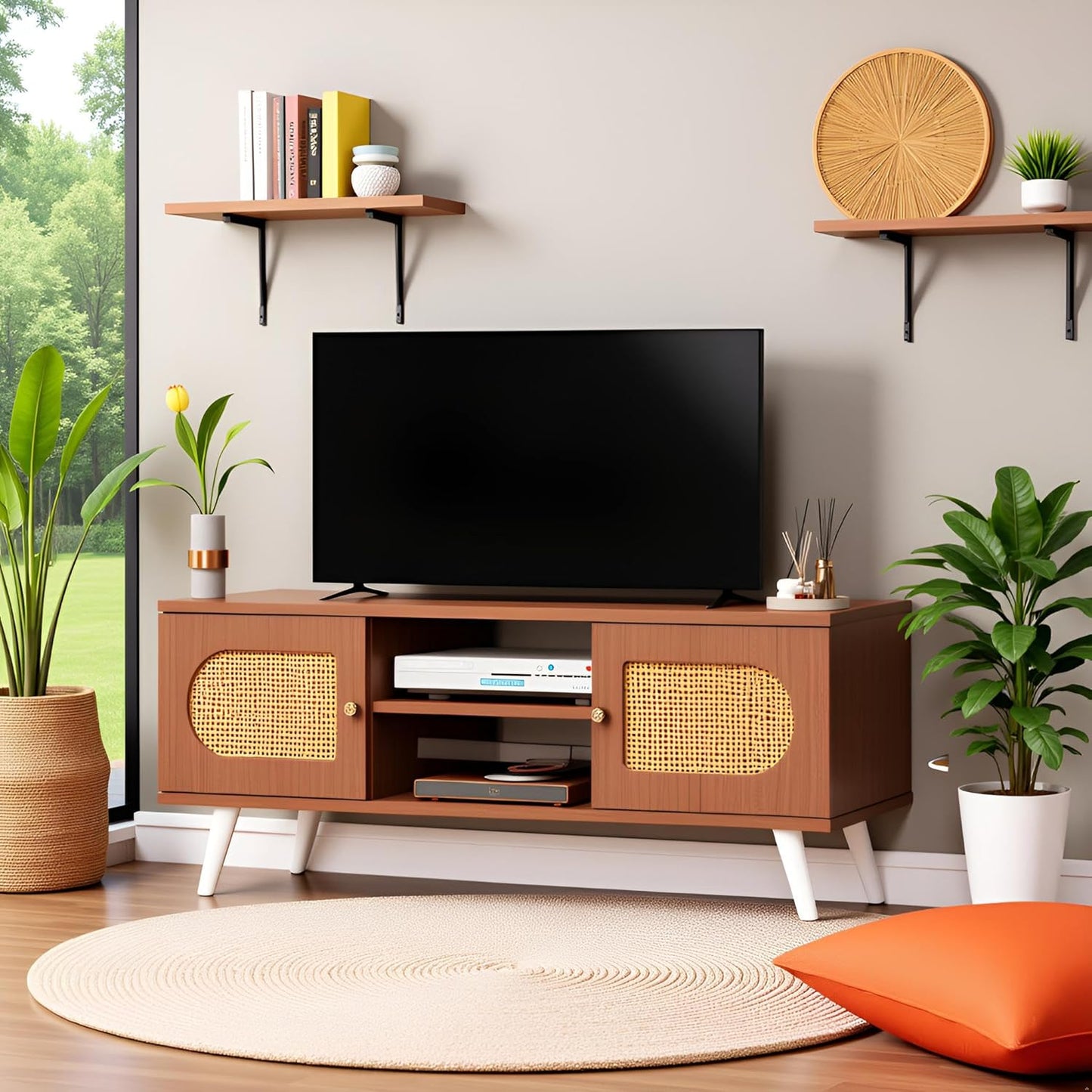55" Rattan TV Stand for 65 Inch TV Solid Wood TV Console Entertainment Center with 2 Cabinets for Living Room Bedroom, Retro Brown