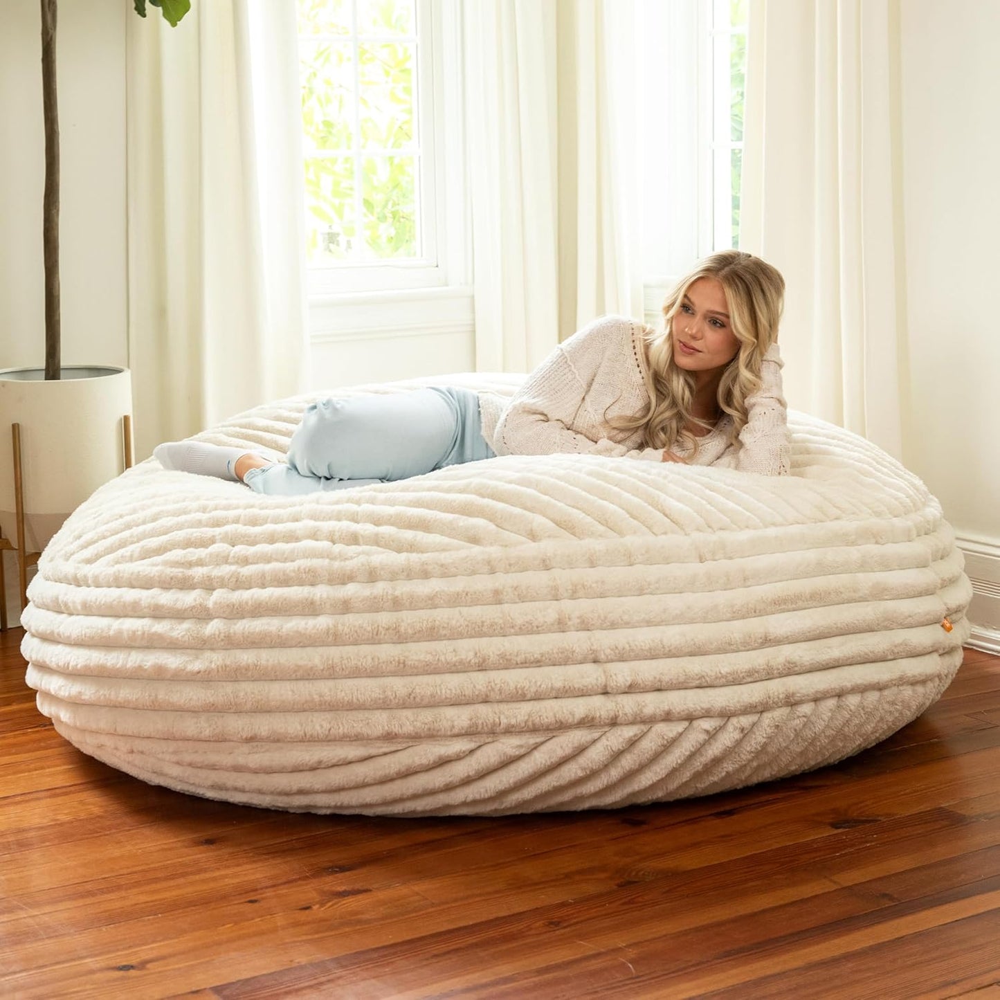 Jaxx 6 Foot Cocoon - 2-in-1 Convertible Bean Bag Bed & Large Bean Bag Chair for Adults, Premium Luxe Faux Fur - Mondo Ivory