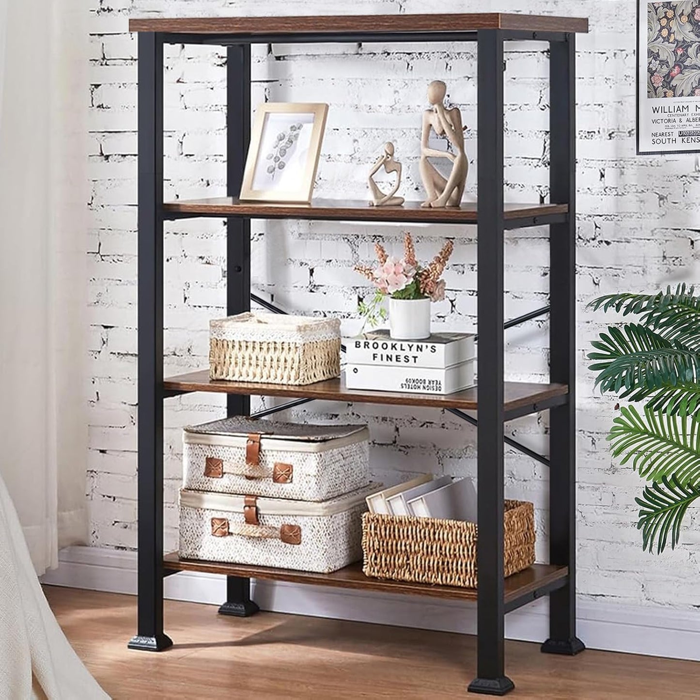 HOMBAZAAR 4 Tier Bookshelf,Rustic Brown Industrial Book Shelf,Engineered Wood and Metal Deep Bookcases,Low Shelf Bookcase for Living Room,Office,Bedroom and Kitchen