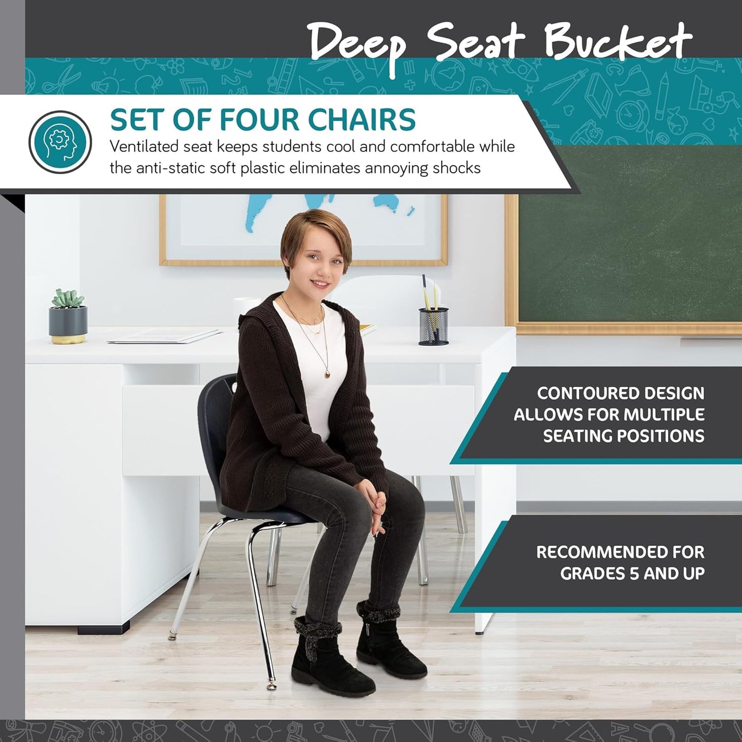 Learniture LNT-118-CSW-BK Learniture Structure Series Stackable School Chairs for Classroom, 18" Seat Height, Black, Pack of 4