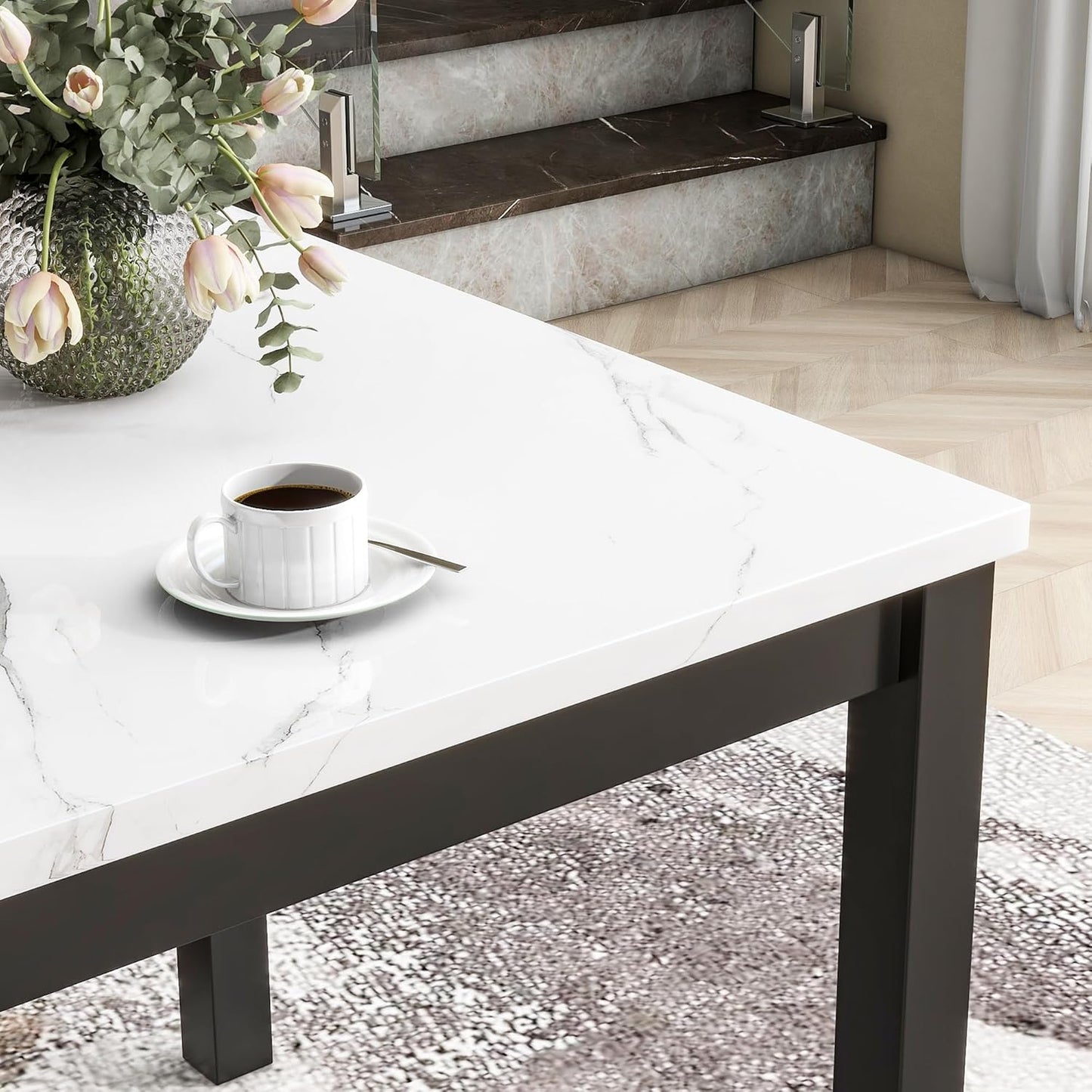 HomSof 5-Piece Counter Height Dining Table Set with One Faux Marble Top Dining Table and Four Velvet-Upholstered Chairs,Blue