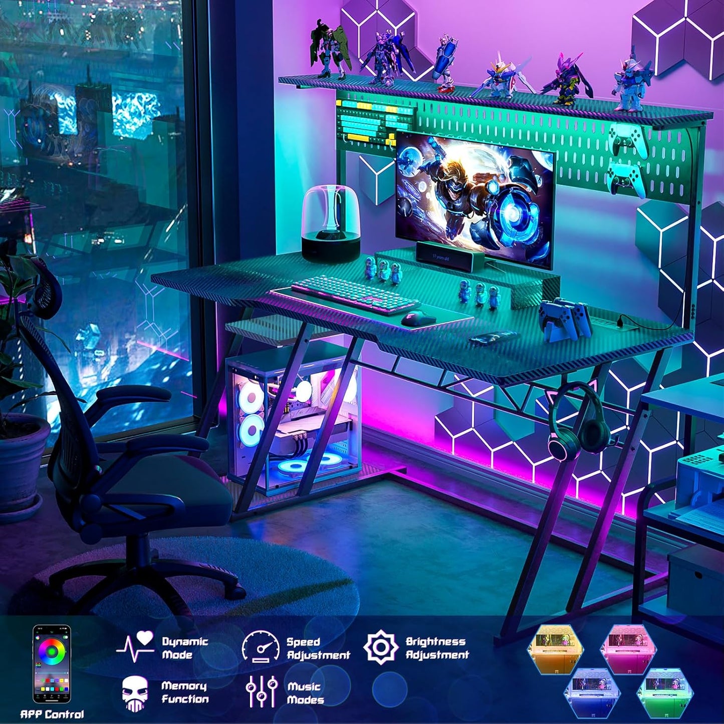 Armocity Gaming Computer Desk with Hutch and LED Lights, 53'' Black Gaming Desk with Storage Shelves, Reversible PC Gamer Desks with Pegboard, Ergonomic Desk for Bedroom, Carbon Fiber Surface