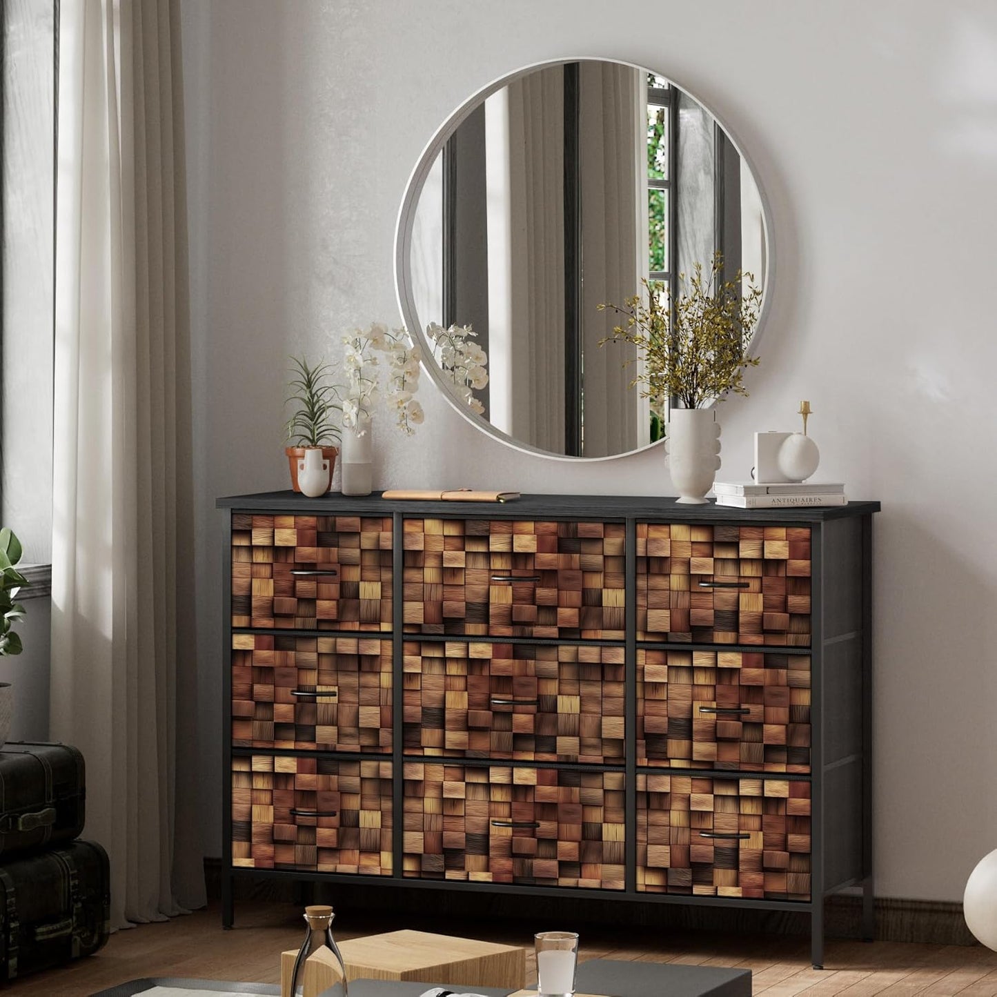 TV Stand with 9 Drawers, Chest of Drawers with Fabric Bins, Black Wood Top Dresser for Bedroom, Storage Organizer Cabinet for Closet (Brown)