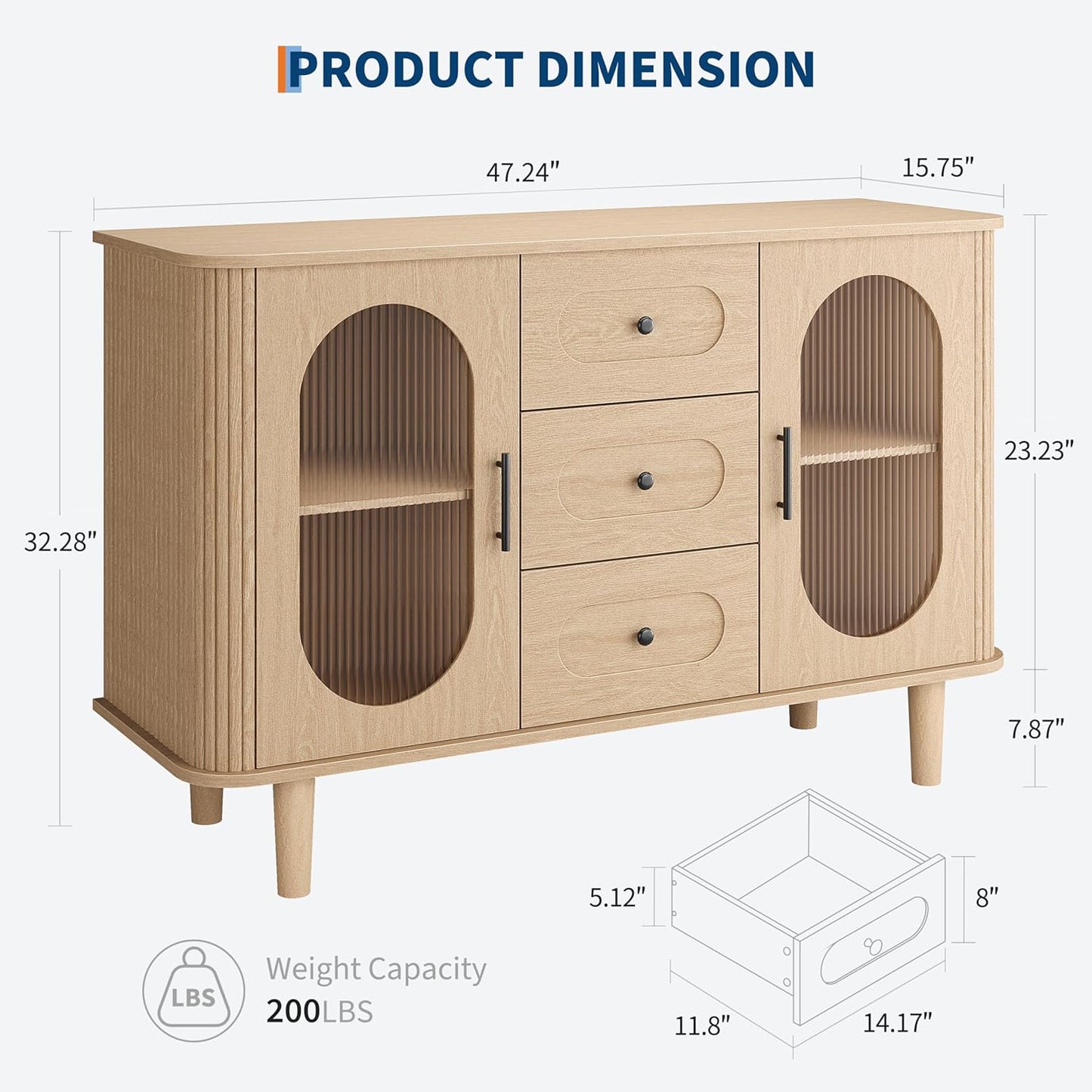 GarveeHome 47.2" Sideboard Buffet Cabinet with 2 Fluted Glass Doors & 3 Drawers, Modern Farmhouse Accent Coffee Bar with Adjustable Shelves for Kitchen, Living Room, Hallway, Natural