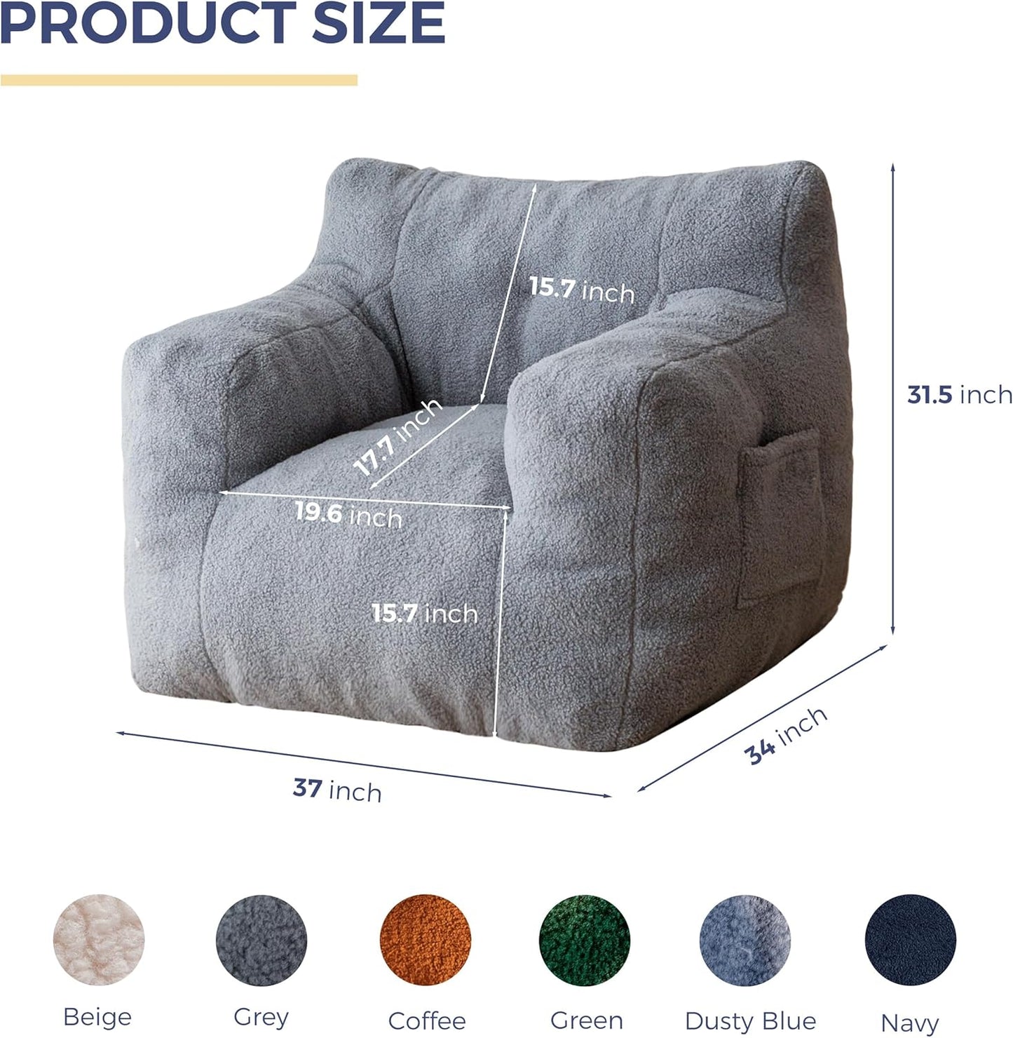 MAXYOYO Bean Bag Chair, Tufted Bean Bag Sofa with Boucle Fabric, Comfy Lazy Chair with Filler, Living Room Sofa for Adults Teens, Accent Couch for Bedroom Dorm, Grey