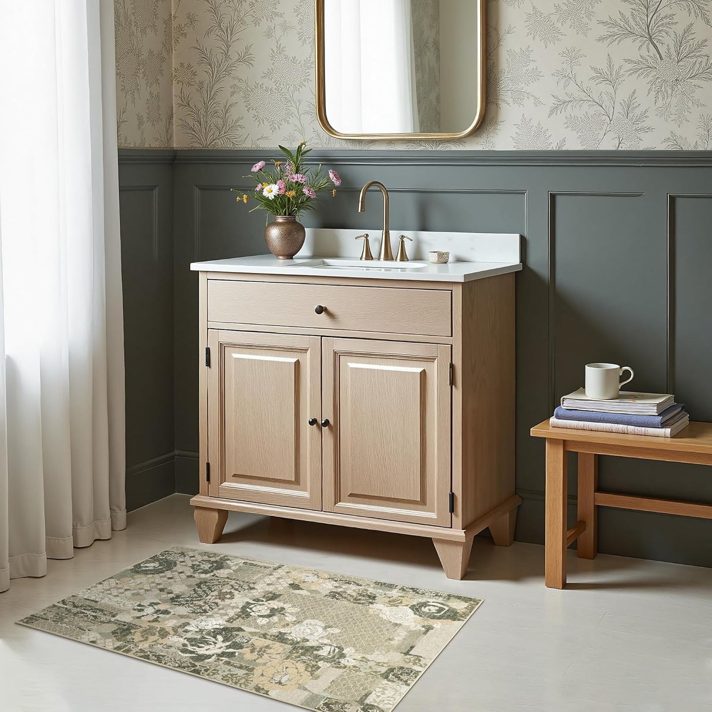 GENIMO Area Rug 2x3 Doormat, Machine Washable Low Pile Rugs, Small Floral Patchwork Retro Chenille Entryway Mat for Entrance, Hallway, Kitchen and Corridor, Taupe Gray