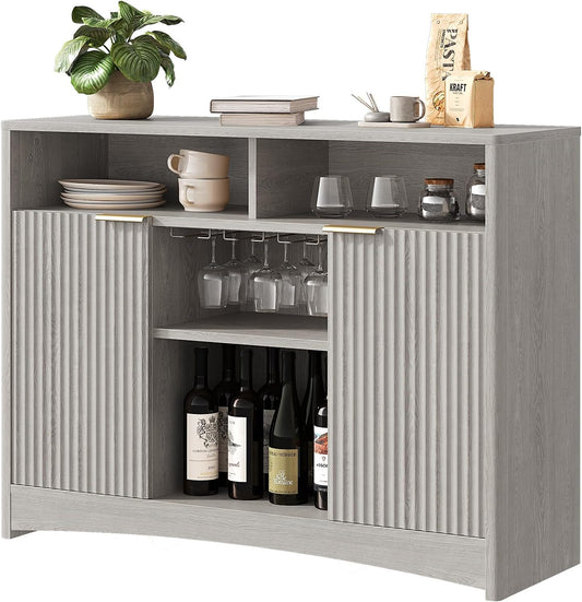 Marsail 47.2" Bar Cabinets with Storage, Modern Buffet Cabinet, Large Sideboard with 2 Fluted Panel Doors, Coffee Bar Cabinet with Adjustable Shelf and Glass Rack for Kitchen, Living Room, Grey