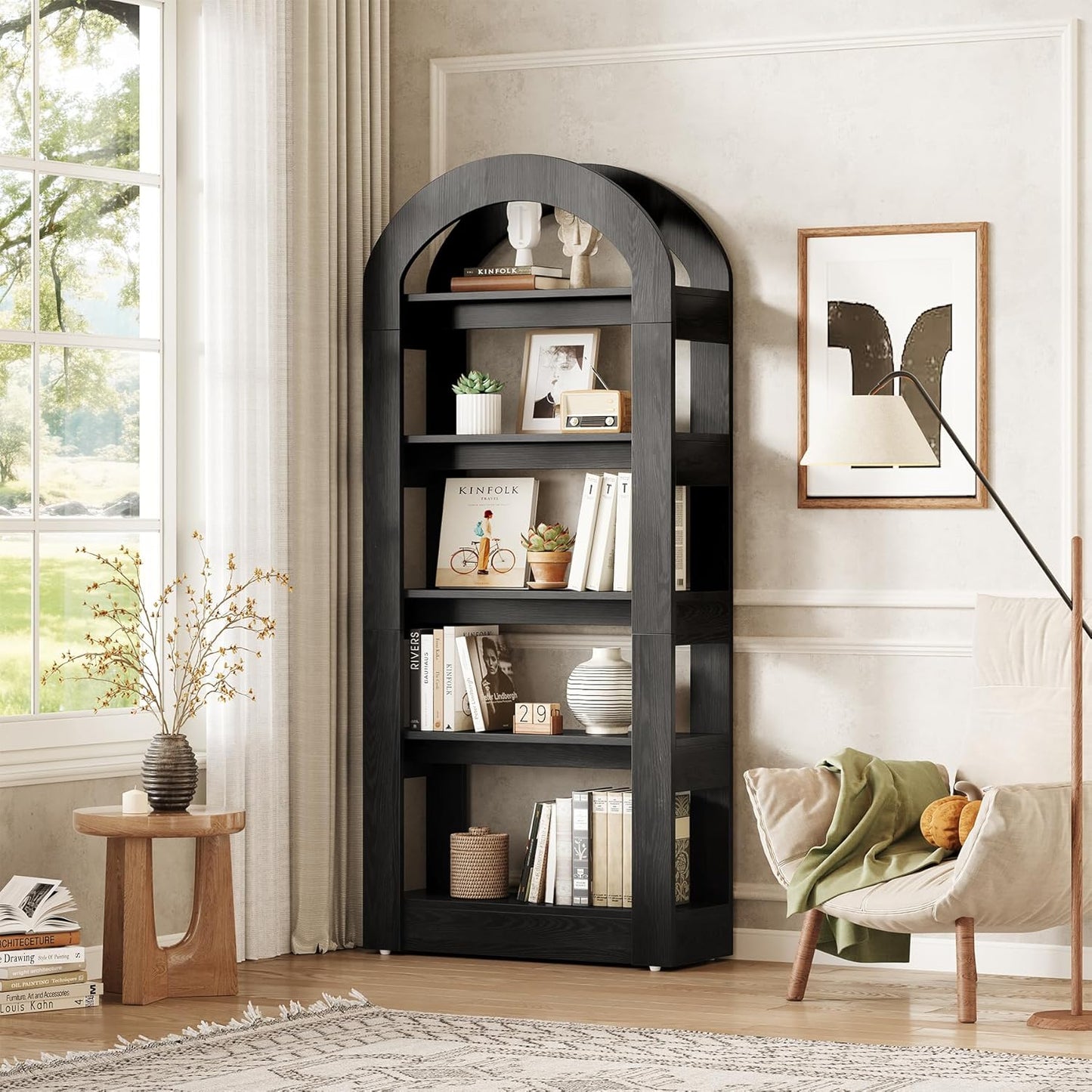 LITTLE TREE 5-Tier Bookshelf, Arch-Shaped Racks, Tall Standing Wooden Bookcase Display Shelf Modern Storage Solution (2, Black)