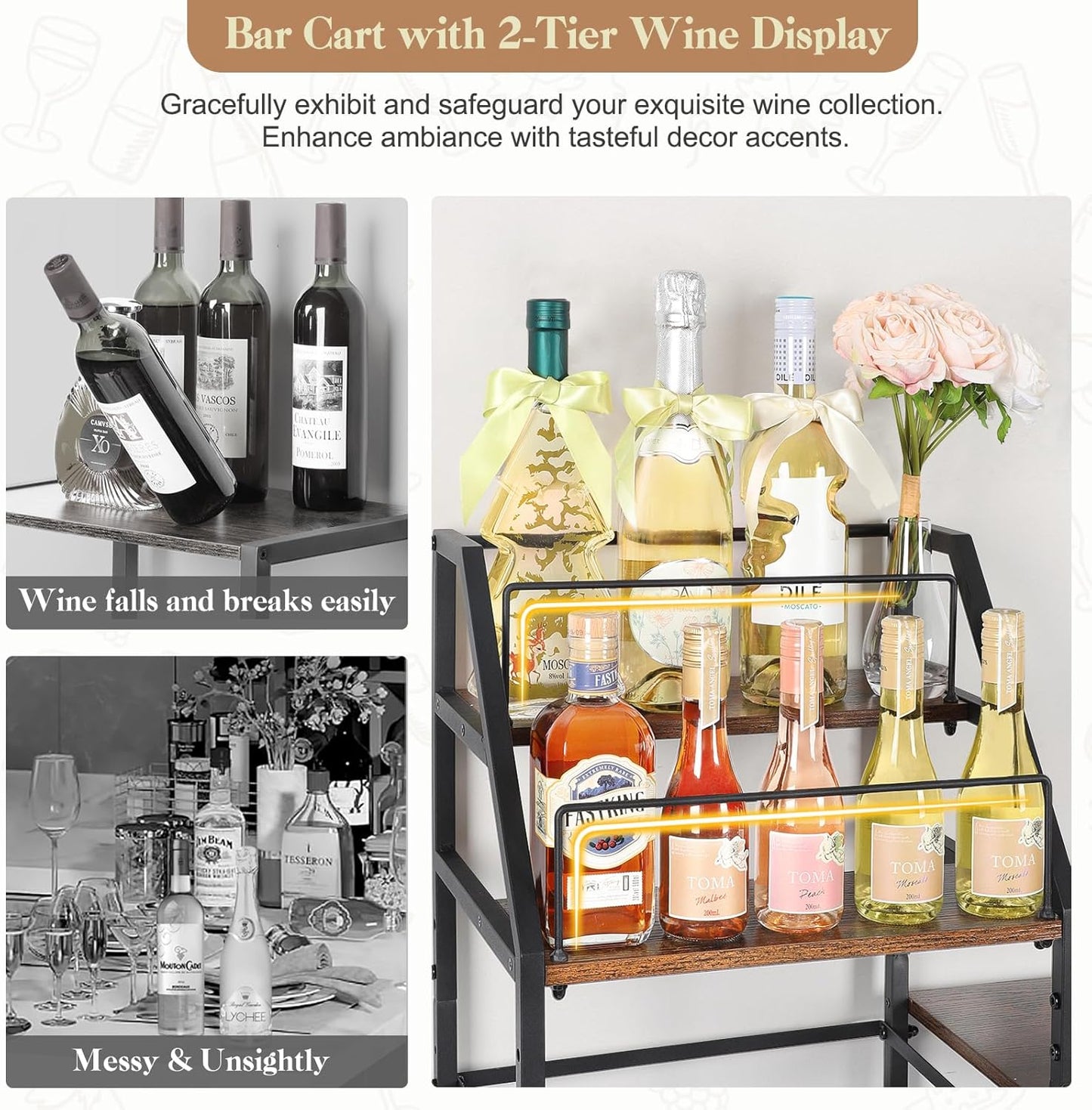 VINAEMO Rolling Bar Cart with Wine Glass Holder, Mini Bar for Whiskey Wine, Liquor Cart for Home, Alcohol Cabinet for Kitchen, Dining Room
