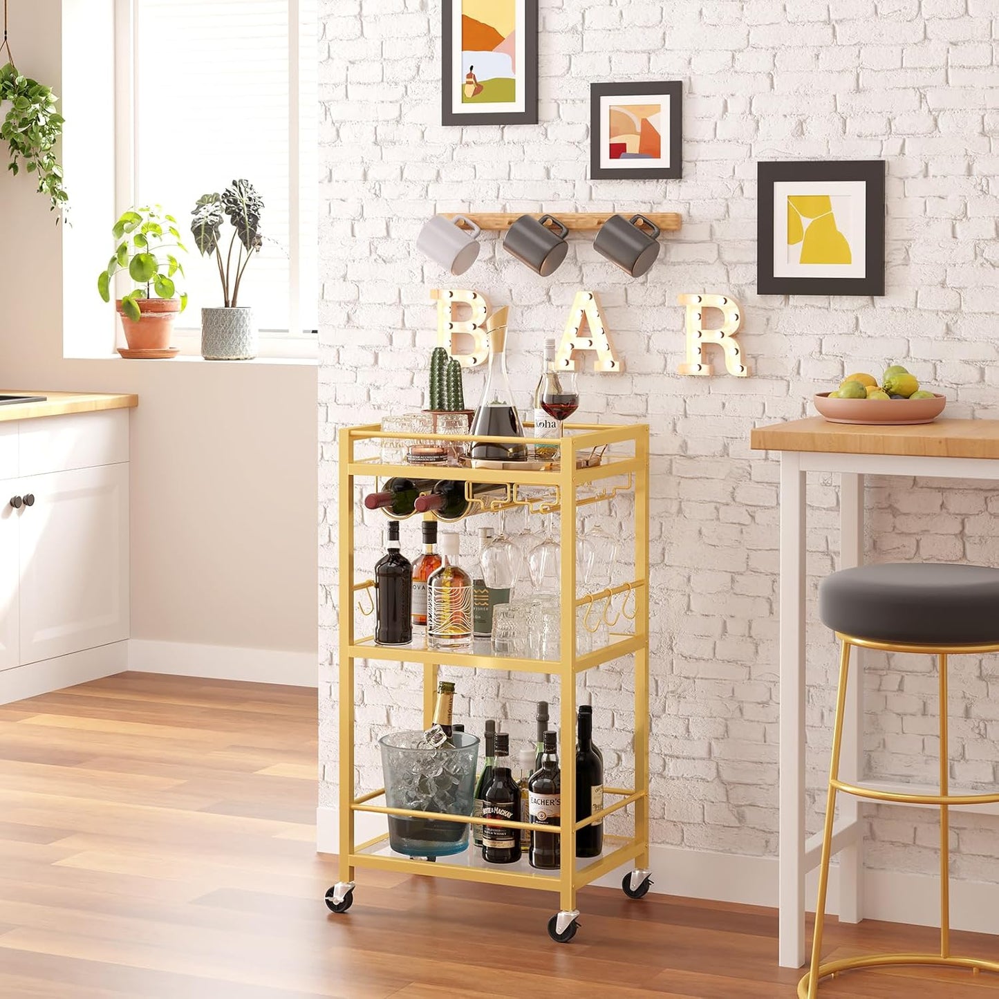 TUTOTAK Bar Cart, Home Bar Serving Cart with 3-Tier Mirrored Shelf, Drink Cart, Mobile Kitchen Shelf with Wine Rack, Gold BC01BB033