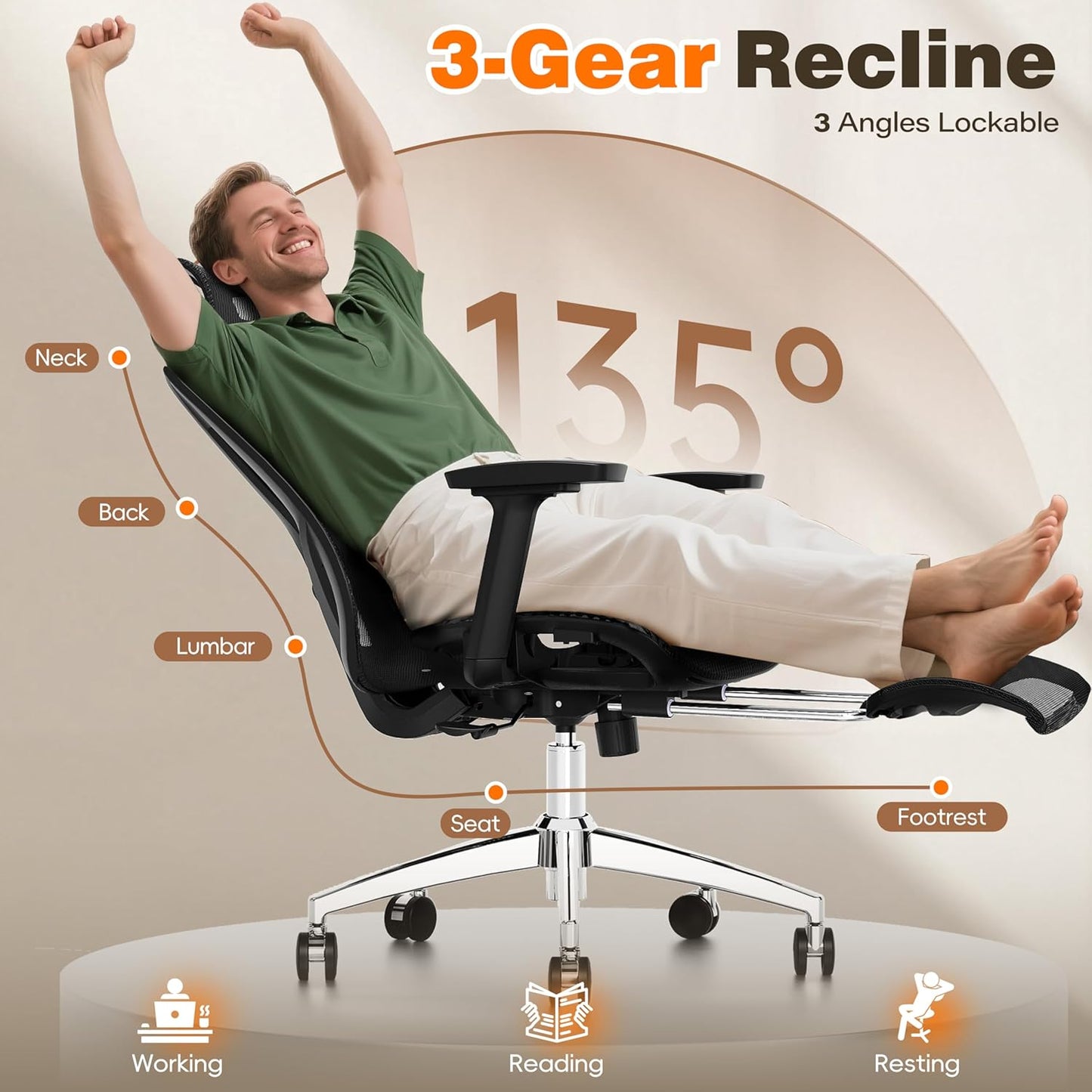GABRYLLY Ergonomic Office Chair with Adjustable Lumbar Support, 3D Armrests & Headrest, 135° Reclining Chair with Footrest & Large Steel Base,300LBS Swivel Desk Chair(GYMN01)