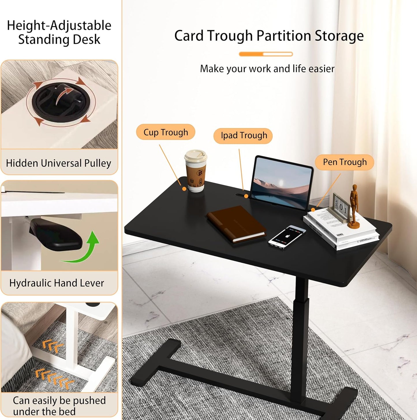 Home Office Desks Height Adjustable with 360° Moveable Hidden Wheels,Multifunctional Pneumatic Laptop Desk Suitable for Sofa、Bedside、Study and Work Use,Black