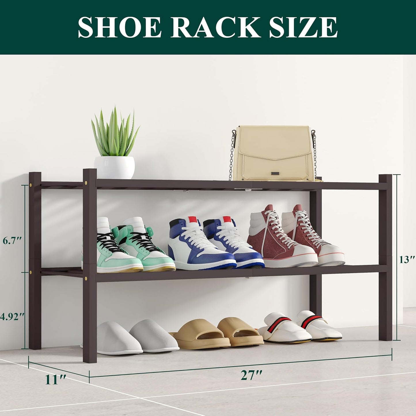 Smiry Shoe Rack, 2 Tier Bamboo Shoe Organizer, Stackable Free Standing Wooden Shoe Storage Shelf for Closet, Entryway, Front Door Entrance, Brown