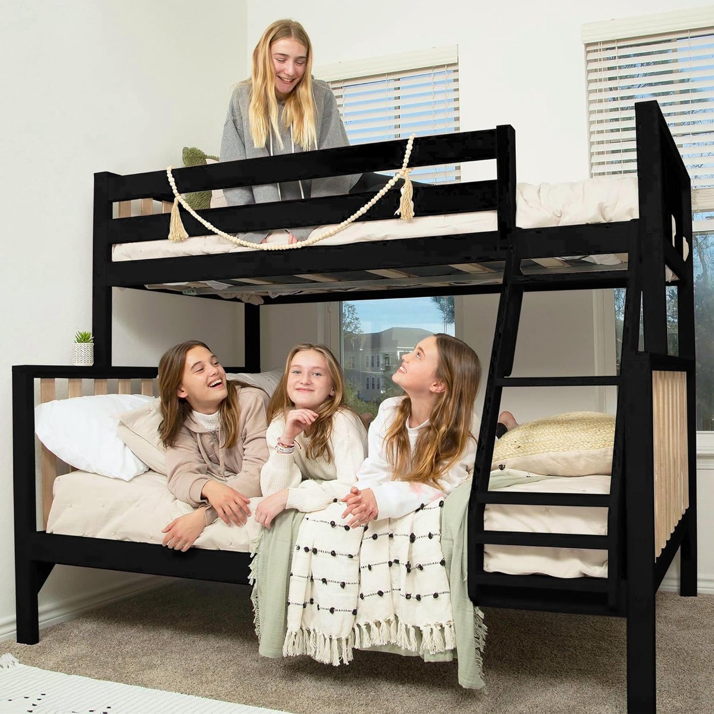 Max & Lily Bunk Bed, Scandinavian Modern Bunk Bed, Solid Wood Twin Over Full Bed Frame for Kids, No Box Spring Needed, Black/Blonde