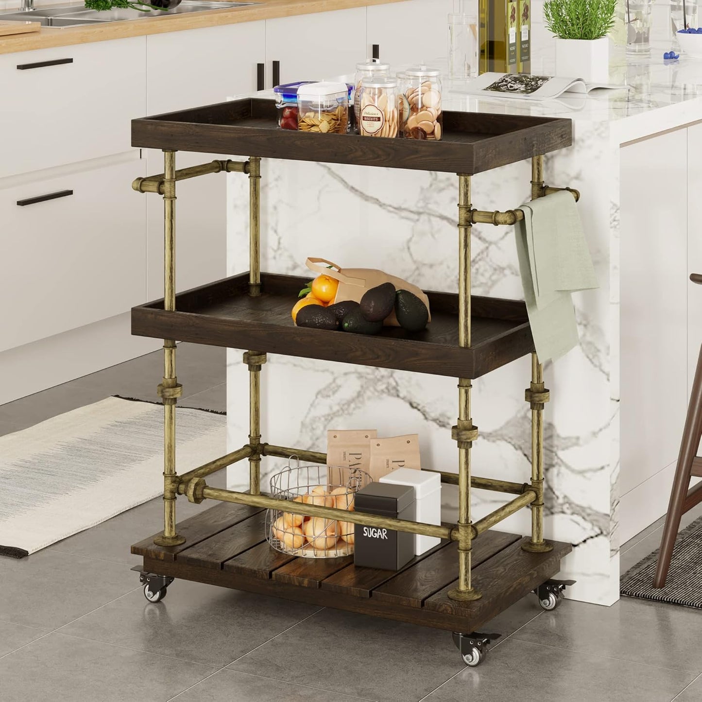 Industrial Bar Cart, 3-Tier Serving Cart Creates with Solid Wood and Metal Pipe Frame, Rustic Style Wide Bar Cart Wine Rack with Wheels (3-Tier)