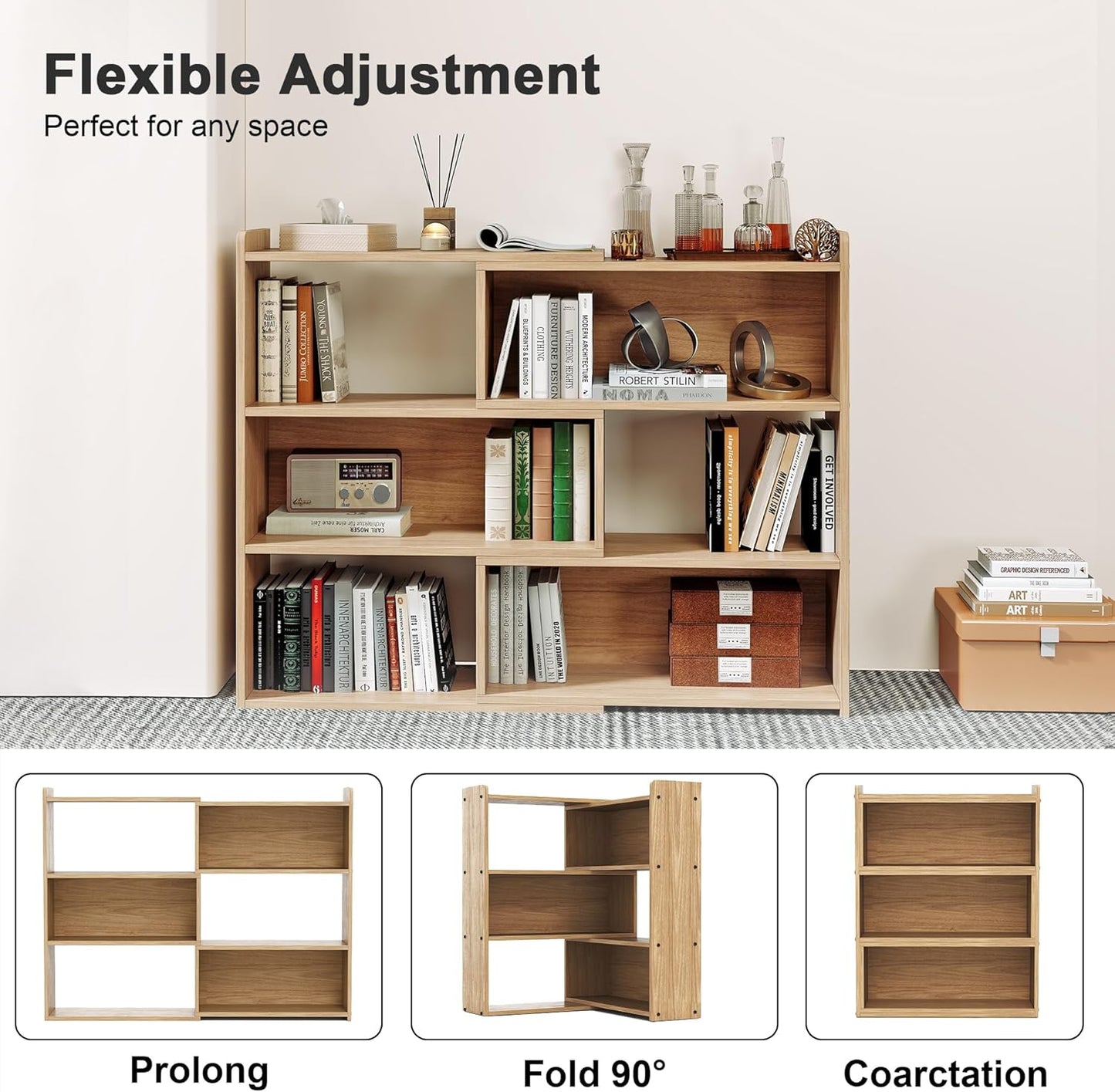 Open Shelf Low Bookcase,Wooden 4-Tier Floor Standing Expandable 25-47 inch Wide Bookcase,with Side Panels Frame for Home and Office