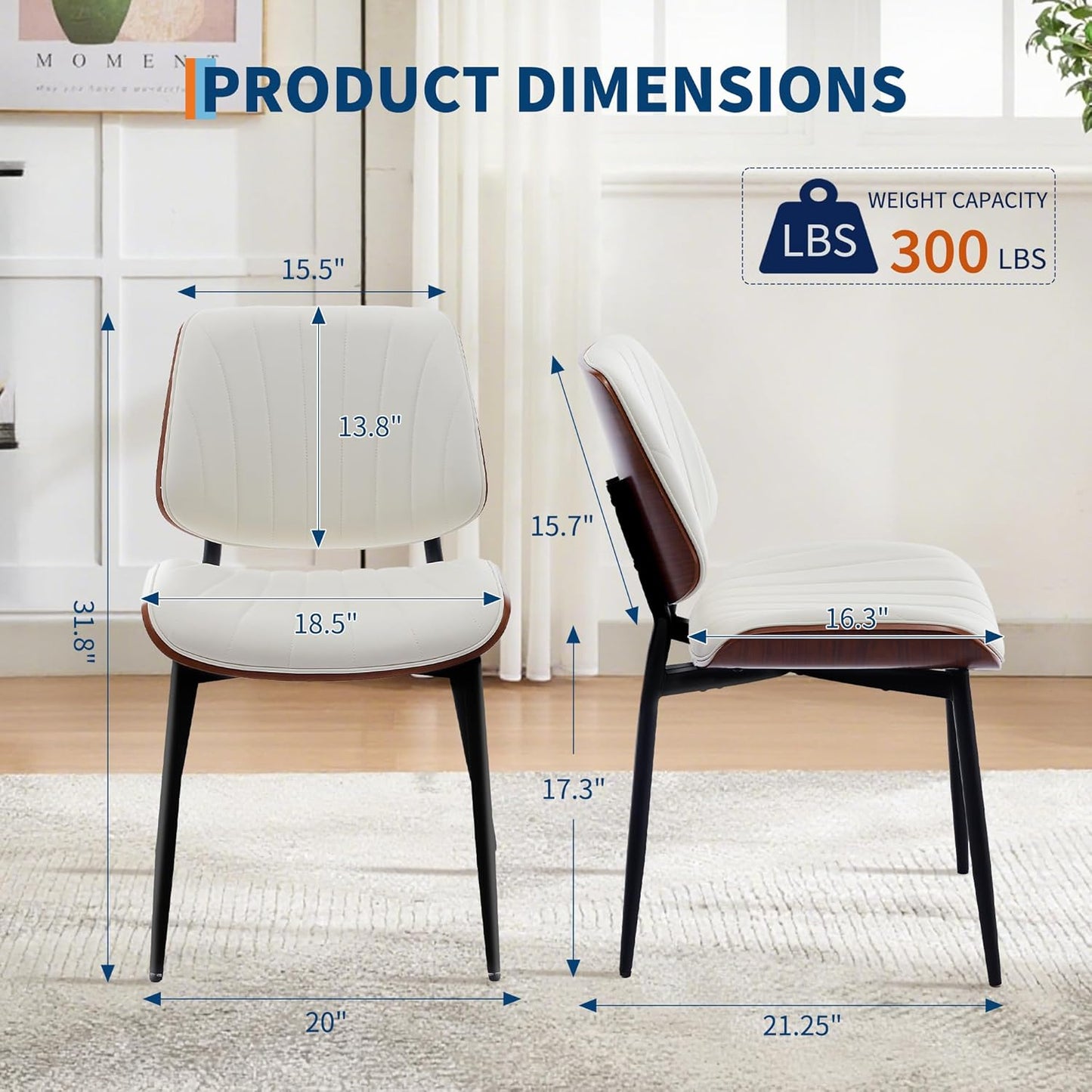 Dining Chairs Set of 2 - Mid Century Modern Upholstered Retro PU Leather Kitchen Chairs with Walnut Bentwood Back and Metal Legs for Dining Room and Kitchen, White Shell Strips