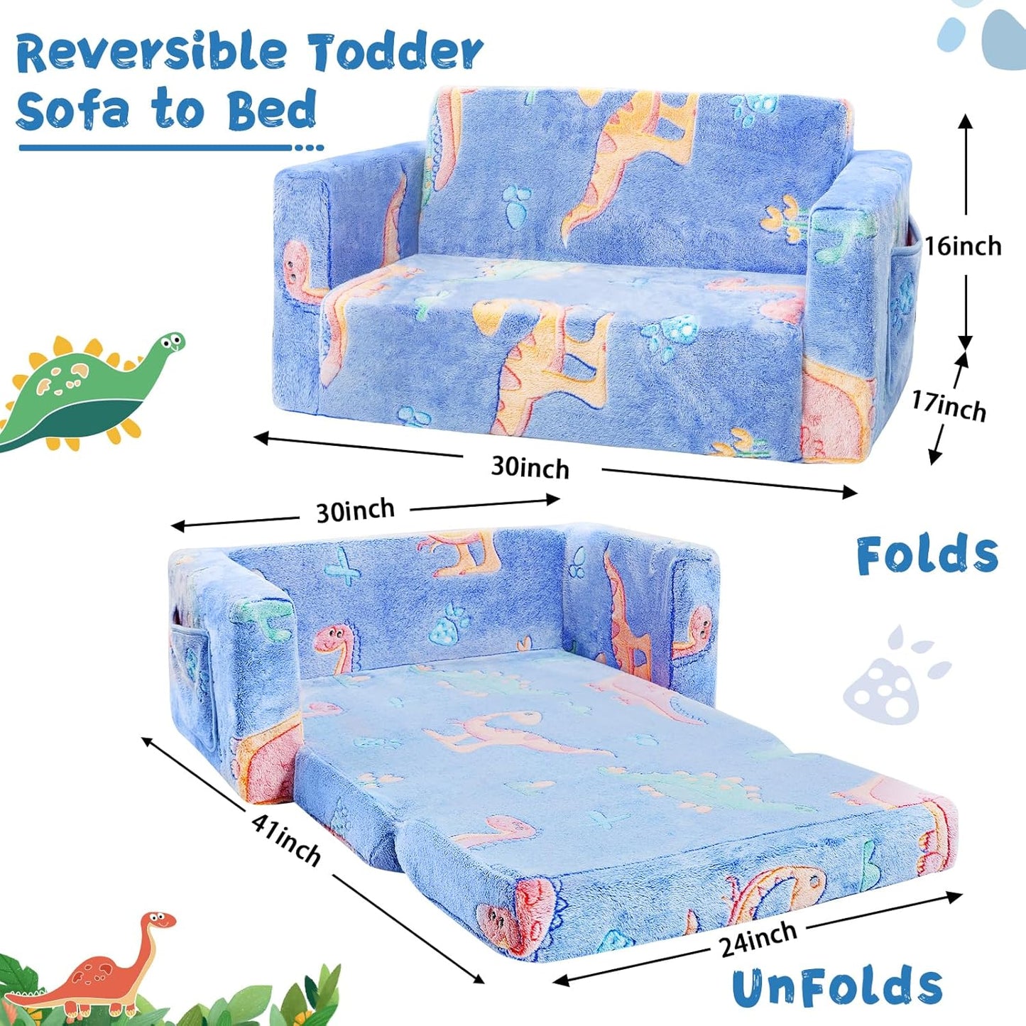 Toddler Chair Comfy,2-in-1 Soft Toddler Couch Fold Out for Kids,Convertible Sofa to Lounger,Gift for Girls and Boys Birthday,Dinosaurs,Large