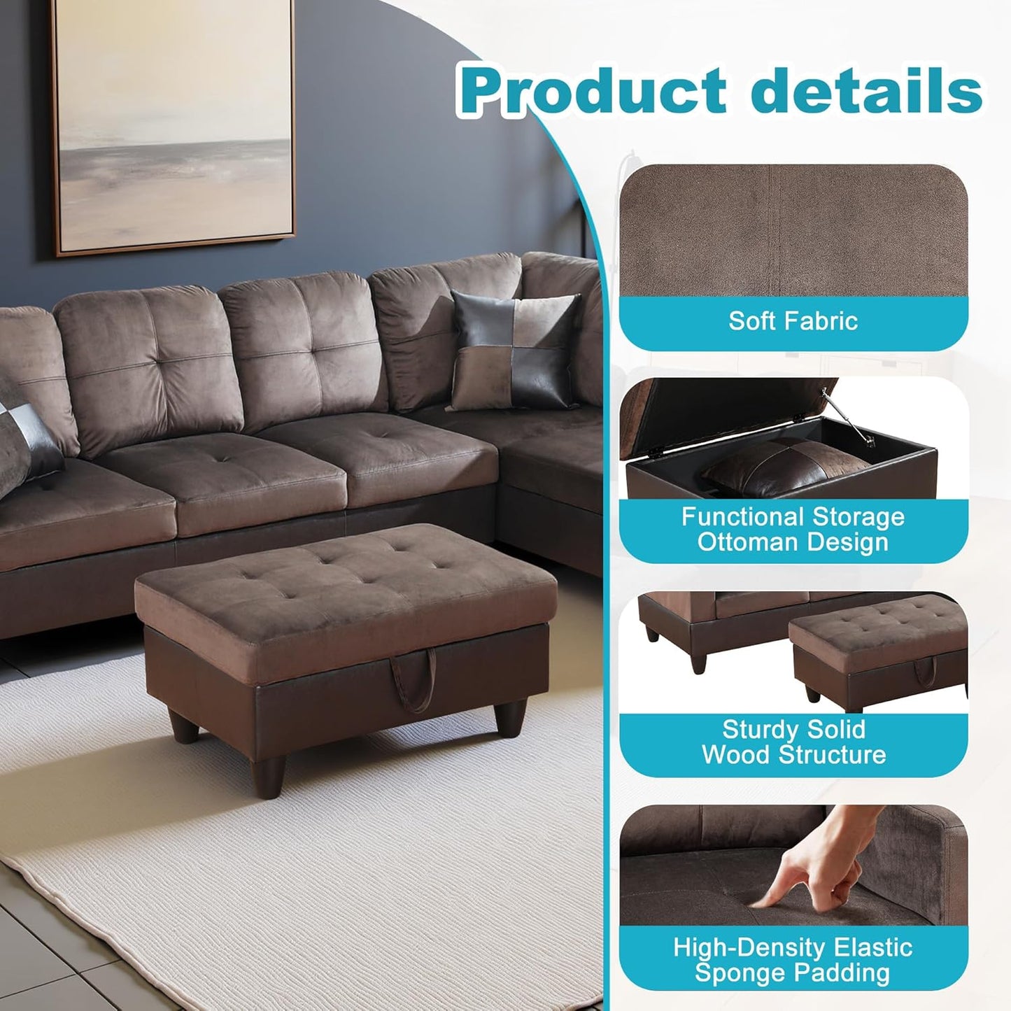 Couches for Living Room Comfy Flannel Fabric 3 Pieces Sectional Sofa with Chaise, Ottoman with Storage for Office and Small Apartment, Dark Brown