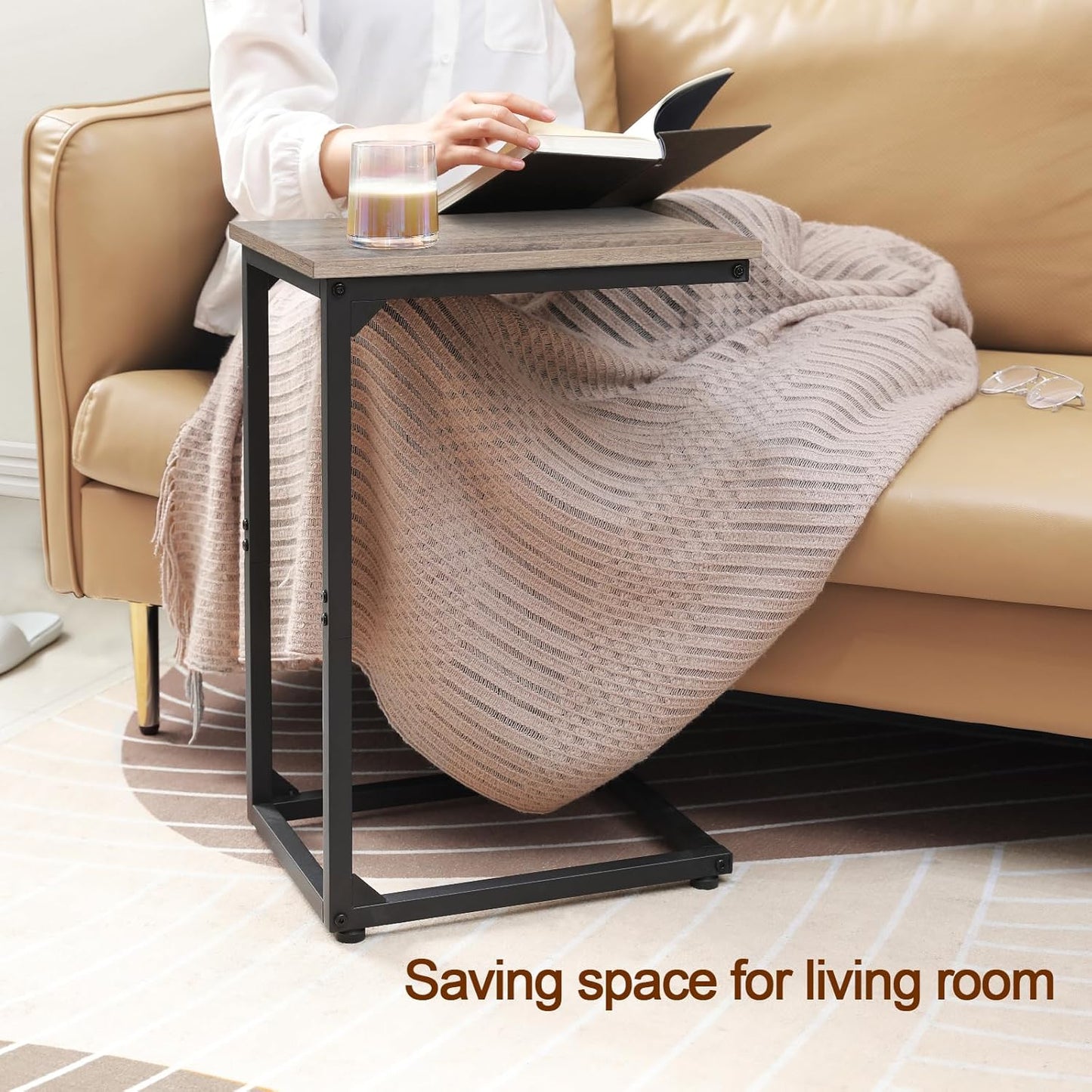 AMHANCIBLE C Shaped End Table, Slide Under Couch Table for Sofa, TV Tray Snack Table, Small Side Table for Small Space, Living Room, Grey HET02CGY-1