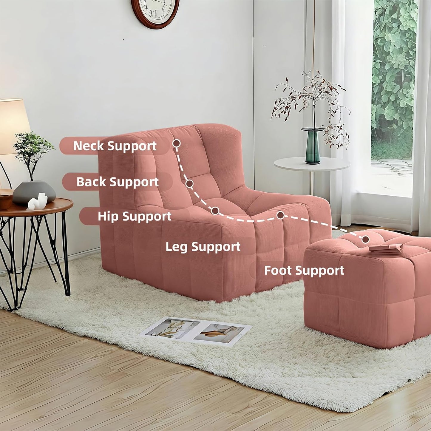 Bean Bag Chair - Memory Foam Bean Bag Chair for Adults, Comfy High-Resilience Single Sofa, Small Space Floor Chair, Chaise Lounge for Living Room, Bedroom (Pink, Square + Ottoman)