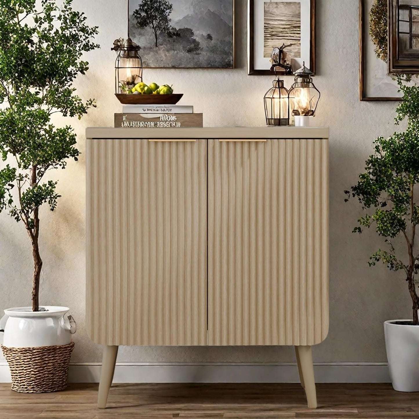 Buffet Cabinet, Sideboard Fluted Cabinet Modern Kitchen Buffet Storage Cabinets with Doors and Shelves, Wood Farmhouse Coffee Bar Station for Entryway & Dining Room & Living Room, Natual Oak