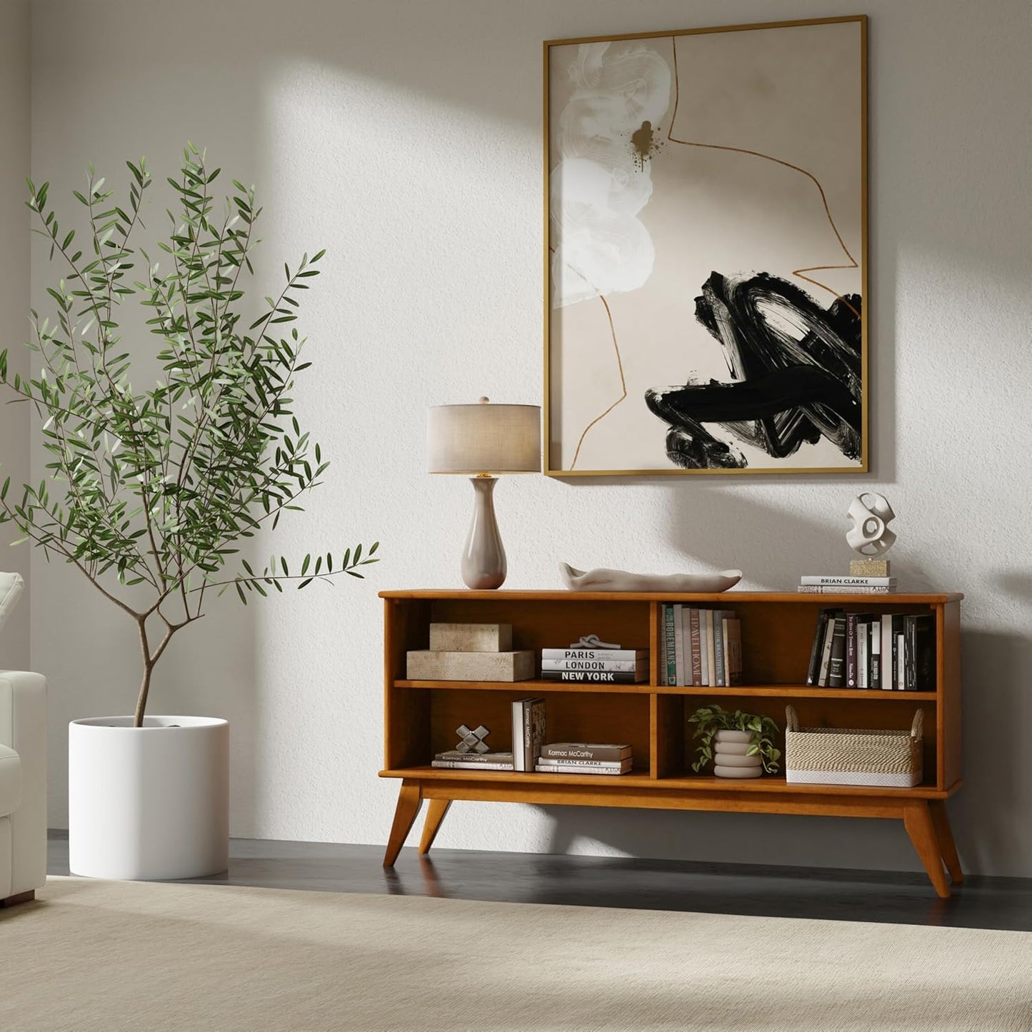 SIMPLIHOME Draper Bookcase - 30 inch Tall Solid Hardwood Low Bookshelf in Teak Brown, Mid-Century Modern Storage for Living Room, Study Room or Office with Tapered Legs and Wide Open Shelves