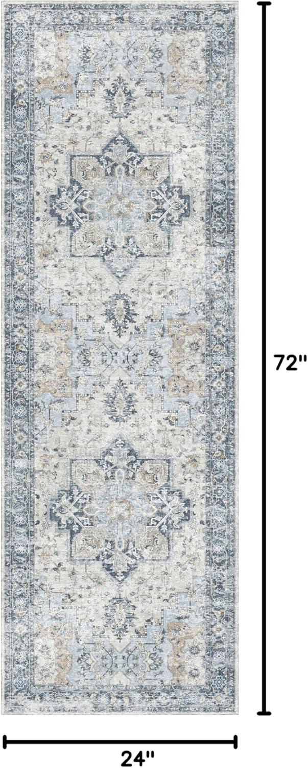 GENIMO Runner Rug 2x6, Machine Washable Runners, Non Slip Vintage Hallway Runner Rugs, Low Pile Lightweight Mat for Entryway, Hallway, Kitchen and Corridor, Blue