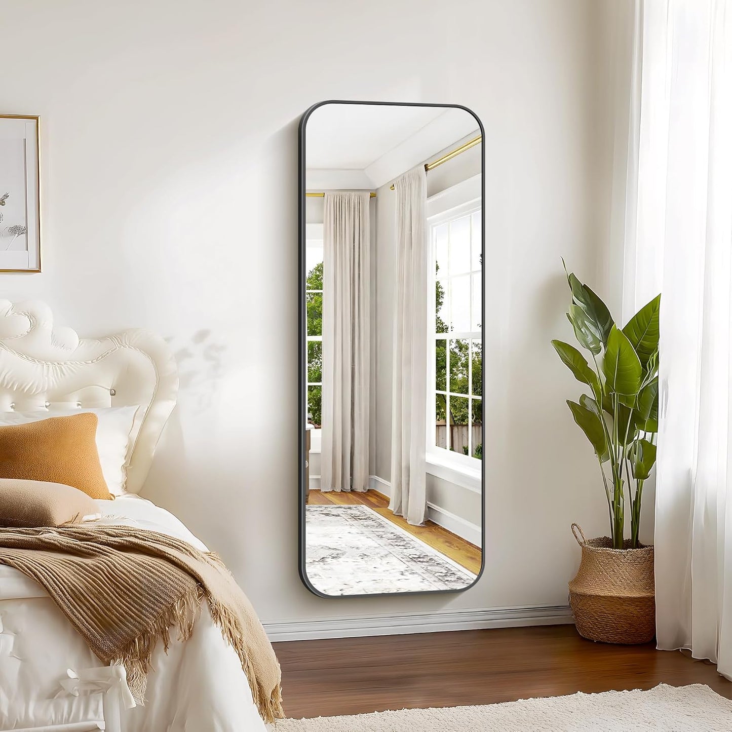 Bathroom Mirror, 60 x 24 inch Metal Framed Black Rectangle Mirror, Rounded Corner Rectangular Vanity Mirror, Large Wall Mounted Mirror for Modern Bedroom Living Room Horizontal or Vertical