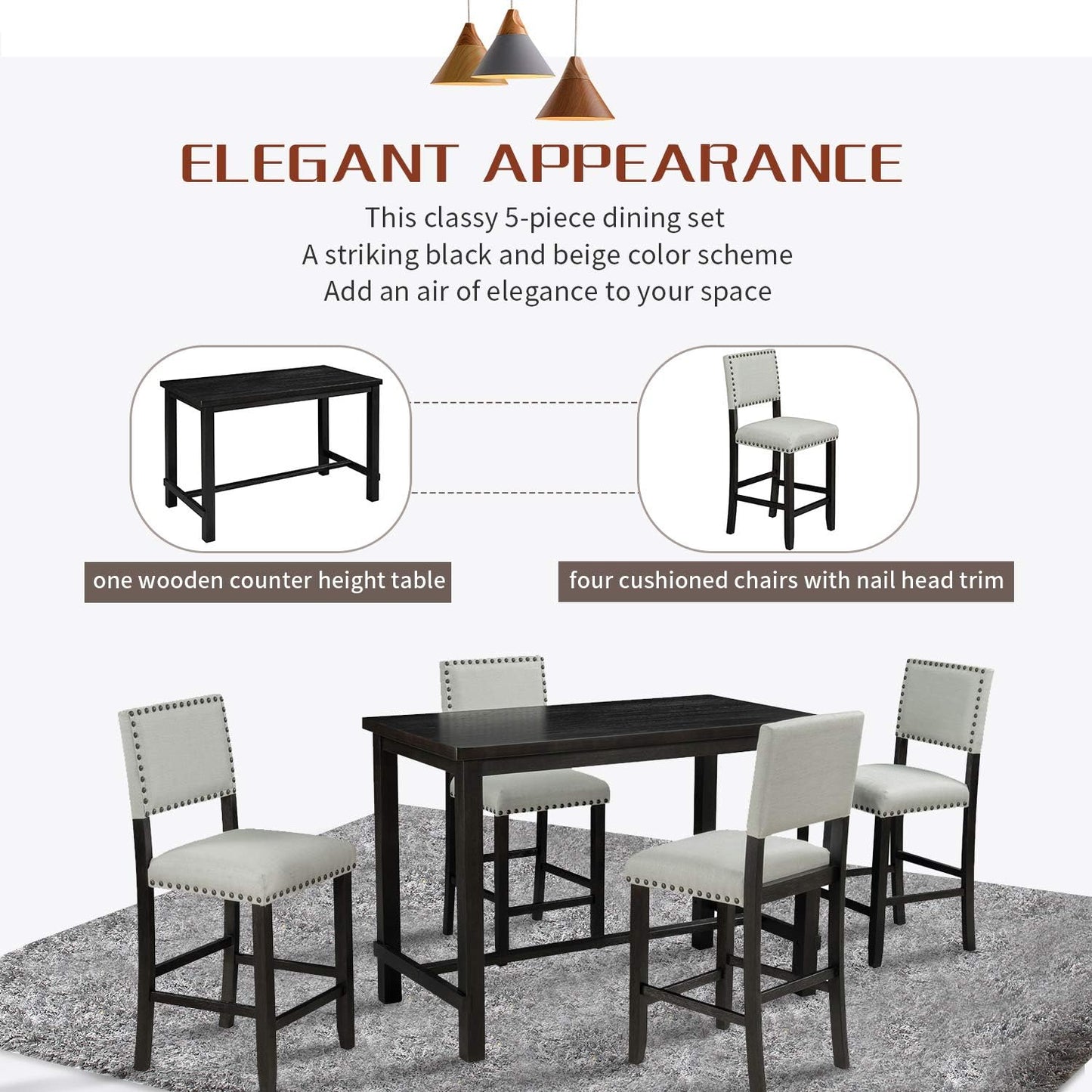 5 Pieces Dining Table Set,Wooden Living Room Furniture with 52" Rectangle Kitchen Desk,4 Upholstered Chairs W/Curved Backrests,for Restaurant,Home Bistro,Espresso and Beige